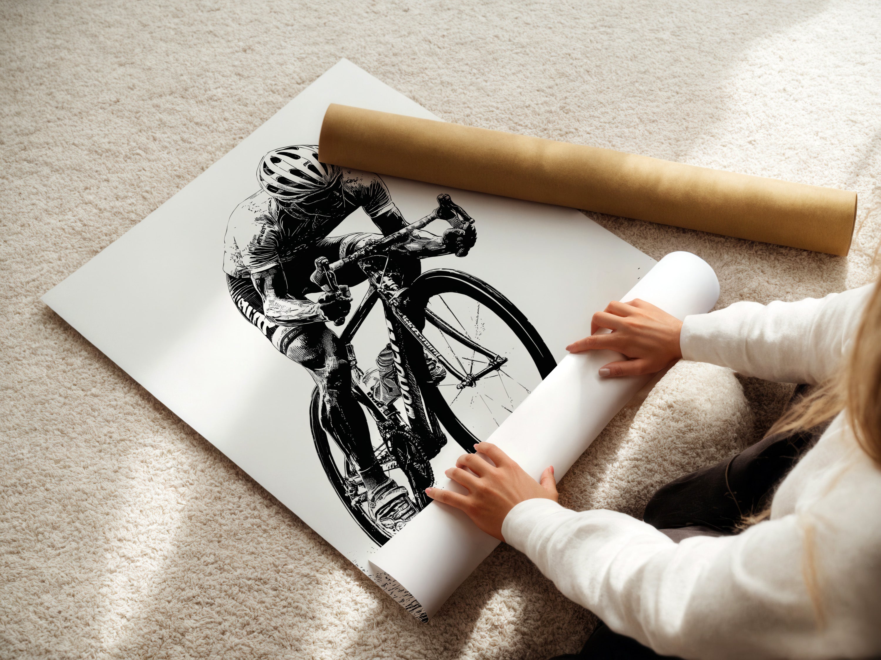 A woman is carefully rolling a fine art poster paper. This cycling art print is soon to be displayed. Perfect for sports wall decor and cyclist artwork. The black and white art is ideal for minimalist styles.