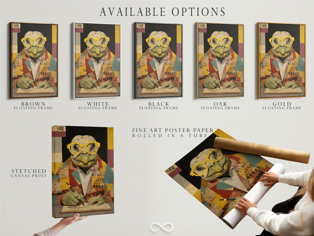 Available options for the Turtle Scholar Art Print include a stretched canvas print fine art poster paper and a floating frame. Choose the perfect format for this vintage animal art. Enhance your space with this quirky wall decor. Options suit various styles and preferences.