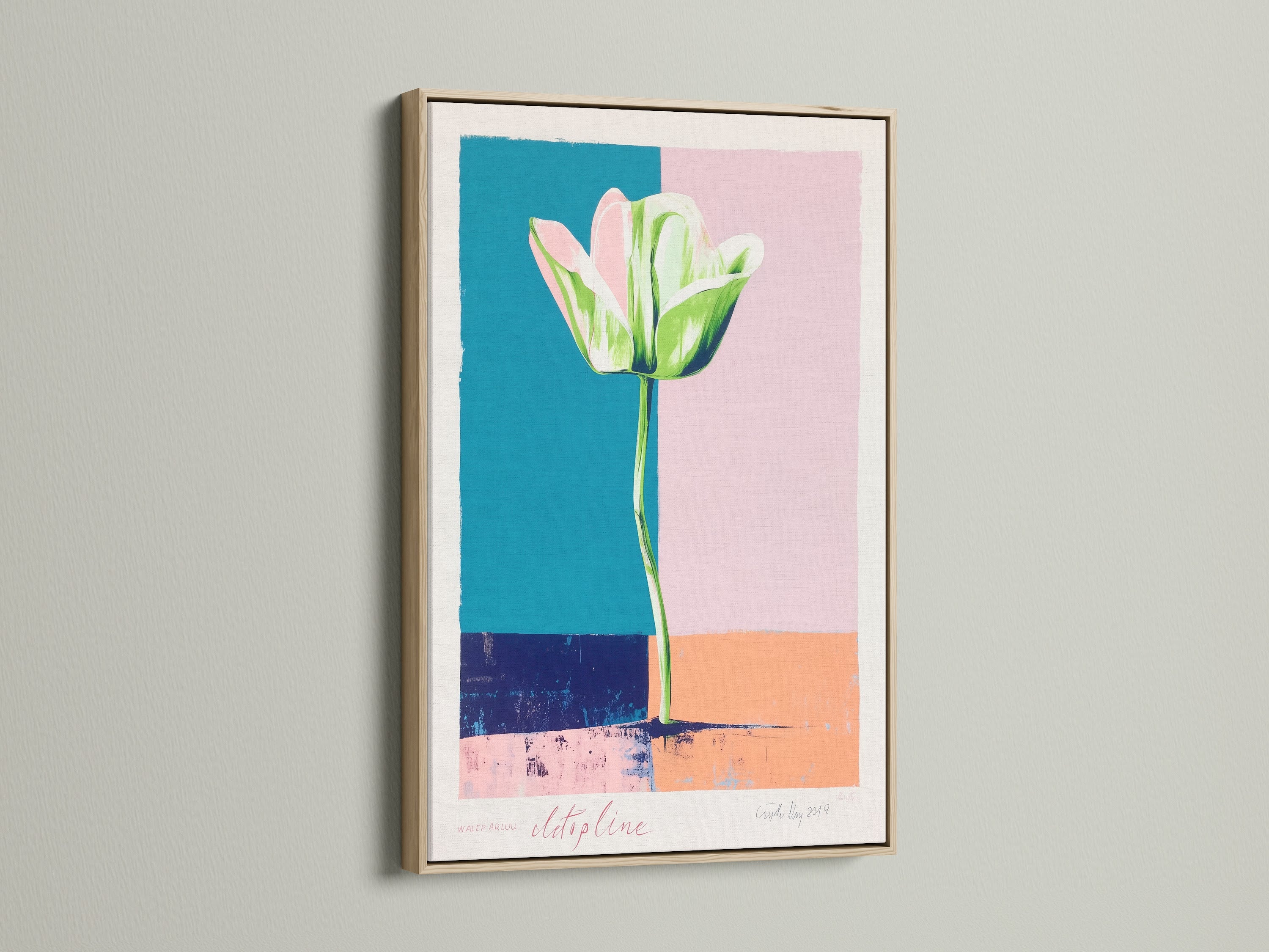 A framed tulip flower art print adds a touch of nature to your walls. This botanical print is showcased in a light oak frame. The frame enhances the colorful abstract design. Ideal for living rooms and bedrooms.