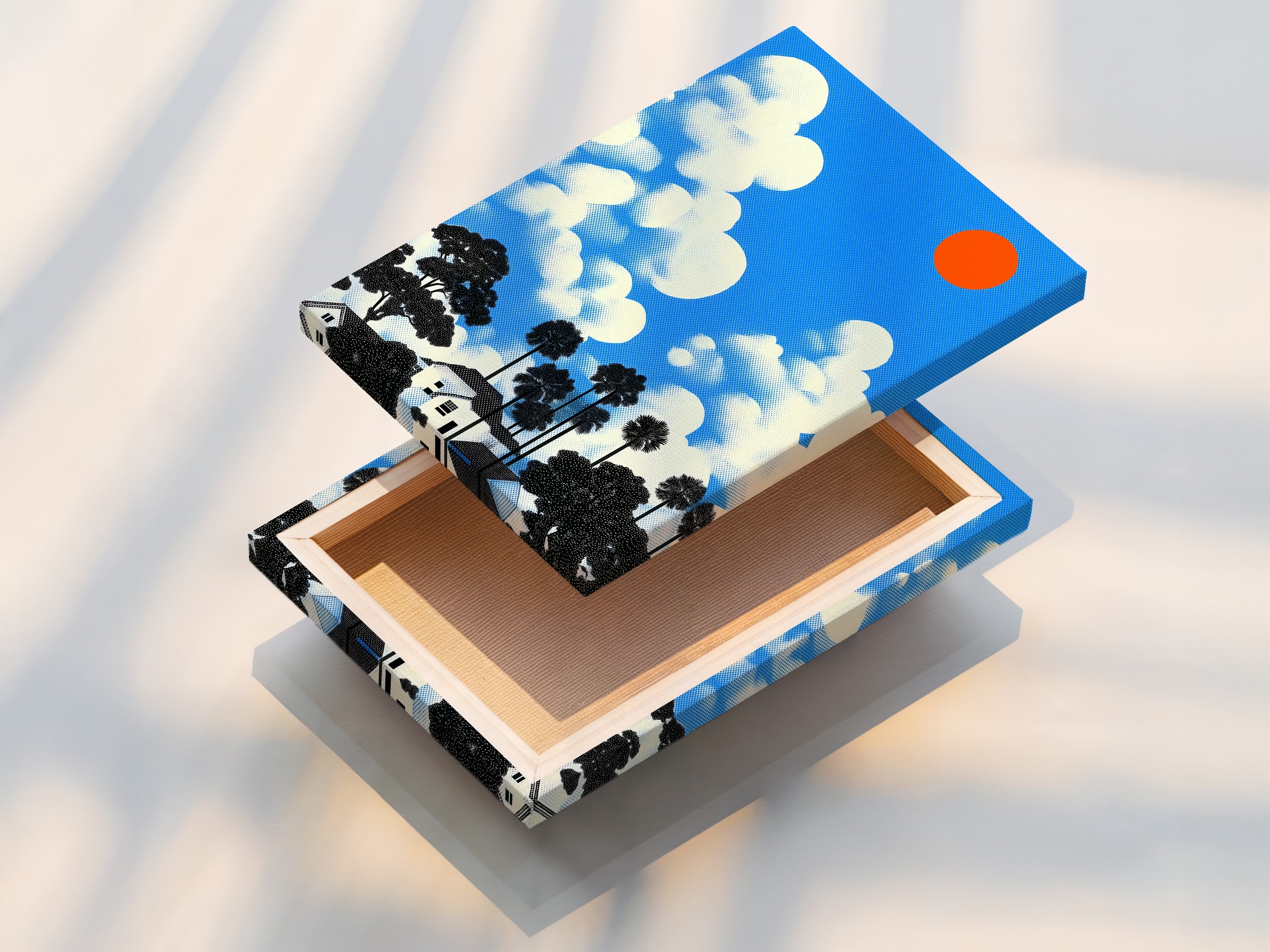 This stretched canvas print of the house and clouds artwork is ready to hang. The stretched canvas offers a professional gallery-wrapped look. Great for adding a bold color print to your decor.