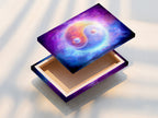 The stretched canvas print displays Yin Yang cosmic energy wall art. This spiritual purple and blue abstract art is ready to hang. It will enhance your living room or meditation space. Explore our range of cosmic wall art and zen wall decor. Elevate your home with spiritual gifts