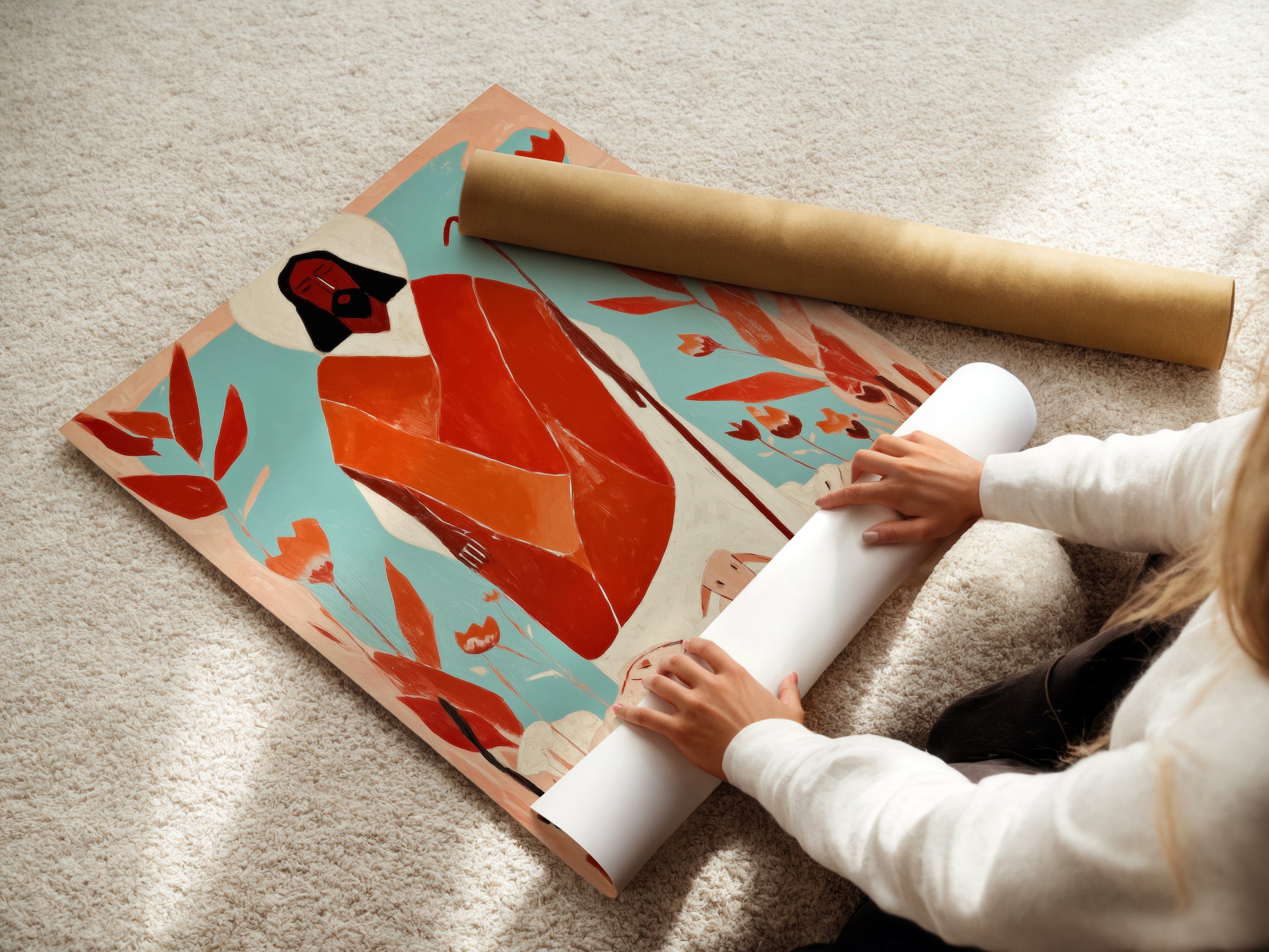 A woman carefully rolls a fine art poster paper. The fine art paper ensures high-quality prints. Our art posters have vibrant colors. They are perfect for any art lover. We offer premium printing solutions.