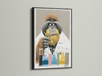 This is a black frame with the Orangutan Scientist artwork. The artwork features a thoughtful orangutan in a lab coat. Test tubes filled with colorful liquids sit before him. This unique piece is perfect for adding a touch of curiosity to your home or office decor.