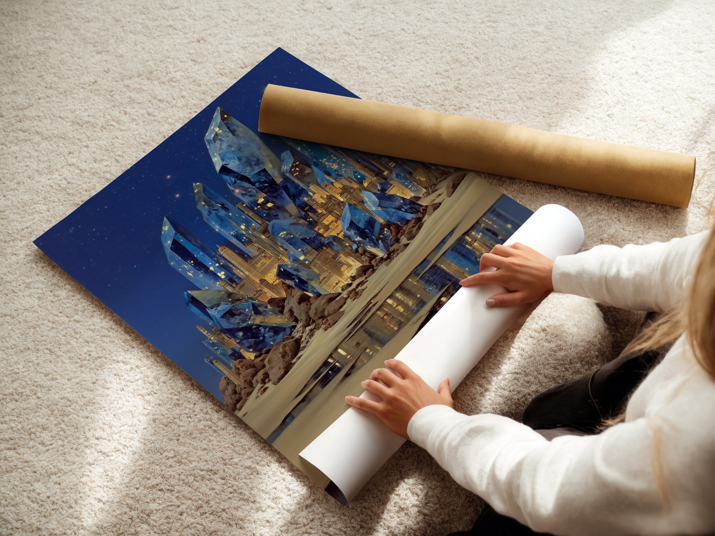 A woman is carefully rolling a fine art poster paper. The paper features fantasy crystal castle art. This surreal blue crystal art is perfect for any space. The magical landscape is ideal for bedroom wall decor. Bring home fantasy artwork today