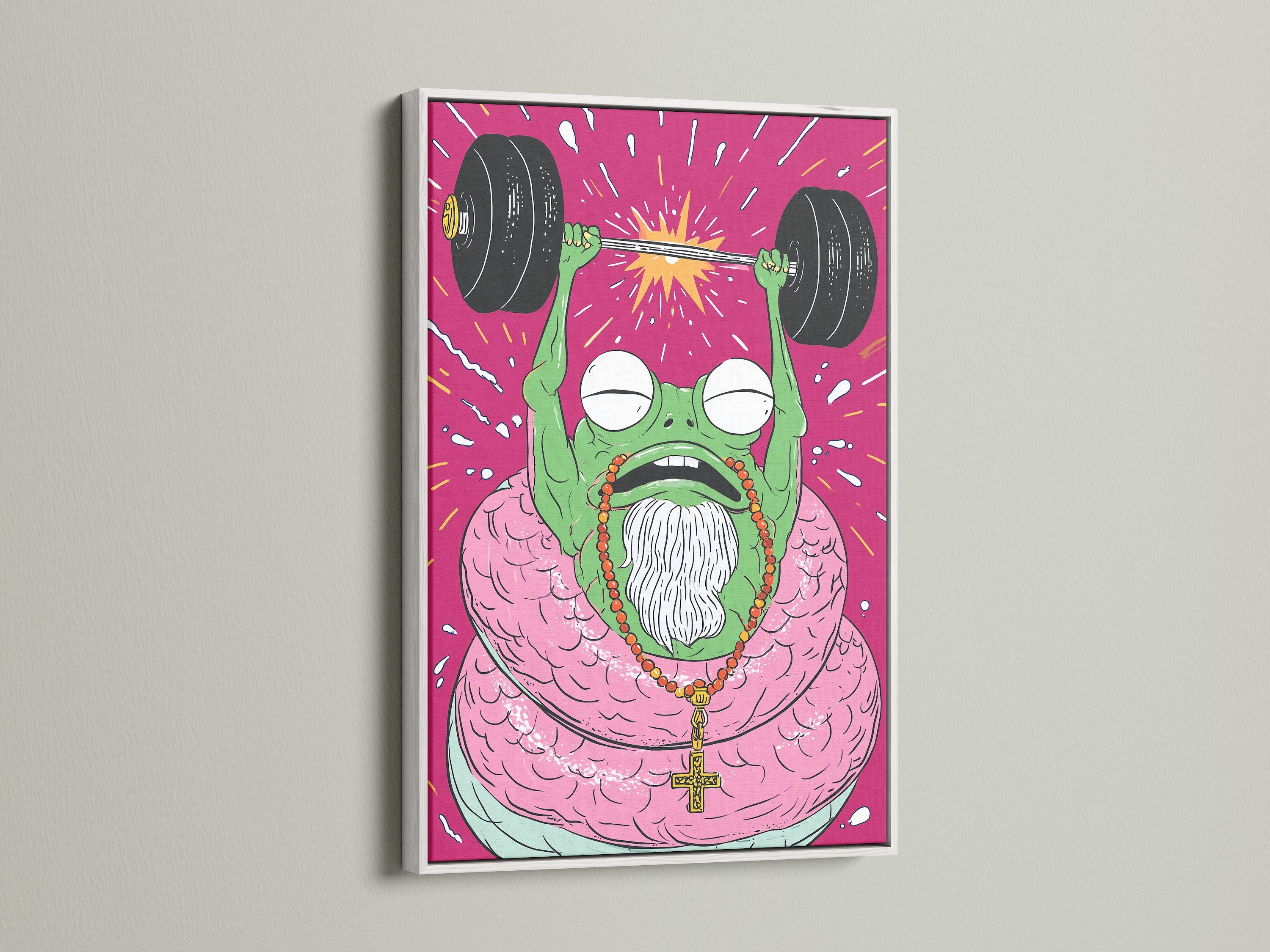 Fitness Frog art print with a white frame. The weightlifting gym wall art adds motivation. This quirky frog art is perfect for home gym decor. A motivational print for your workout space.