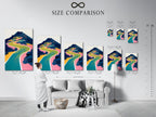 Size comparison chart in an interior setting. See how this abstract mountain landscape artwork fits. Visualize this colorful winding path art in your space before you buy.