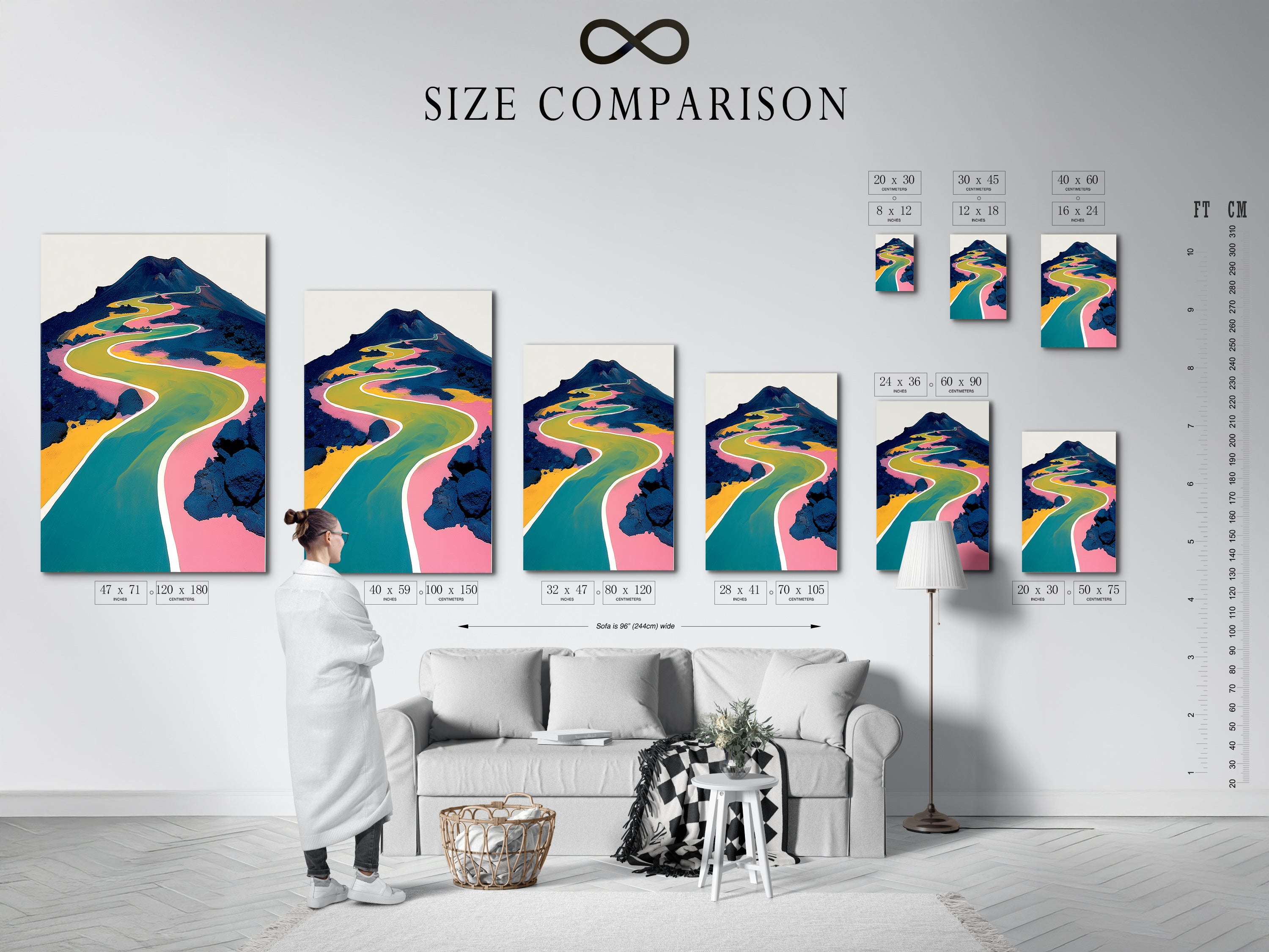 Size comparison chart in an interior setting. See how this abstract mountain landscape artwork fits. Visualize this colorful winding path art in your space before you buy.