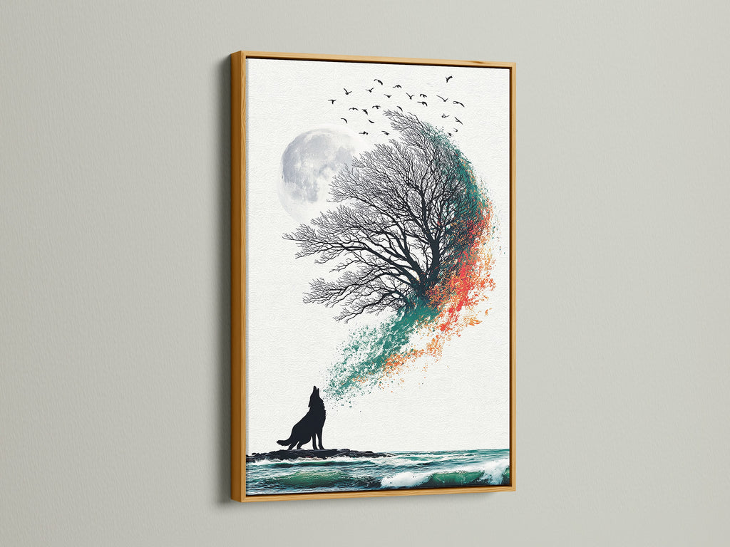 This image features the wolf and moon canvas in a luxurious gold frame. The artwork combines a wolf howling at the moon with the tree of life. The colors are teal and orange blending coastal and bohemian styles. This canvas brings a touch of elegance to any room.