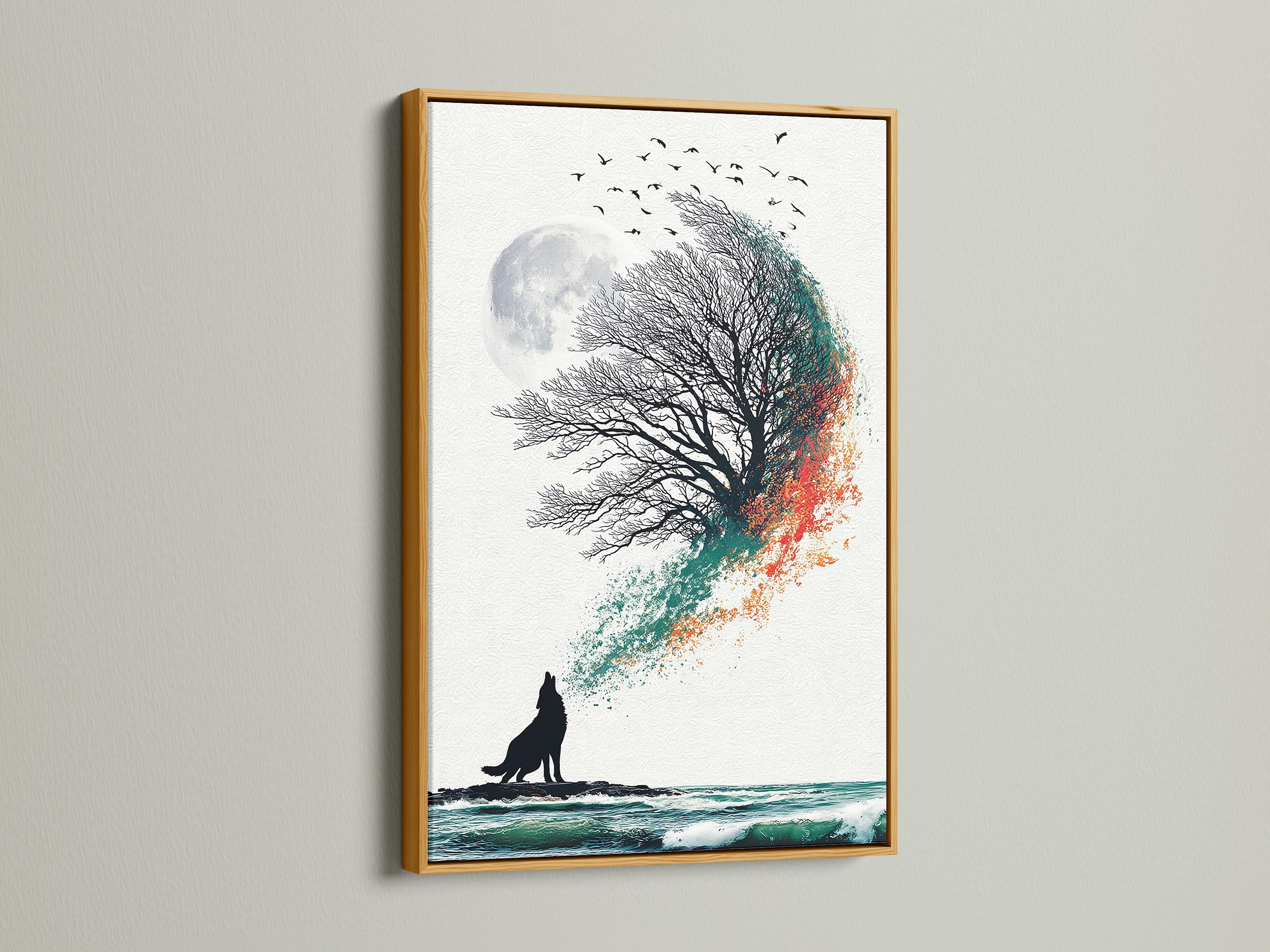 This image features the wolf and moon canvas in a luxurious gold frame. The artwork combines a wolf howling at the moon with the tree of life. The colors are teal and orange blending coastal and bohemian styles. This canvas brings a touch of elegance to any room.