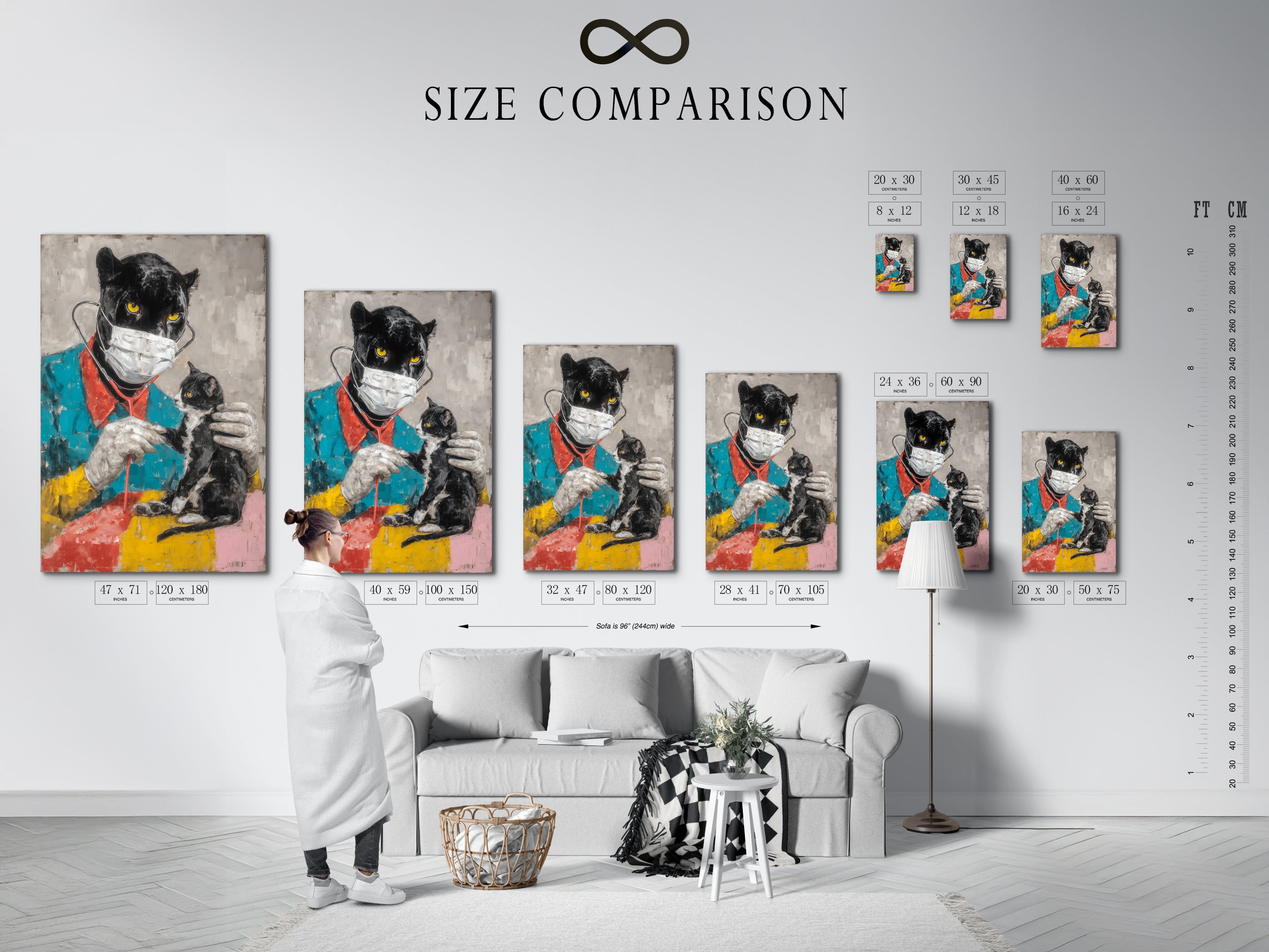 A size comparison chart displayed in an interior setting. It shows available sizes for the Panther Doctor art print. Choose the perfect size for your space whether it's a clinic or a home.