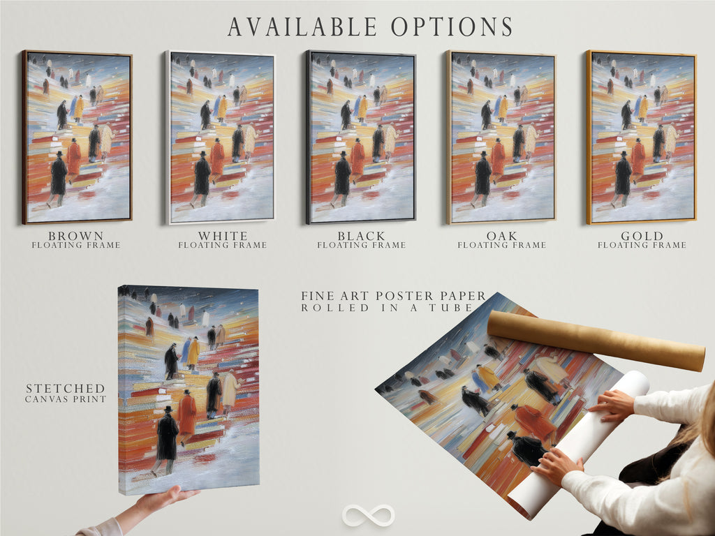 Explore the available options for the Figures on Books artwork. Choose from a stretched canvas print a fine art poster paper or a floating frame. Find the perfect style to complement your modern wall art library wall decor or study room art. Elevate your space today.