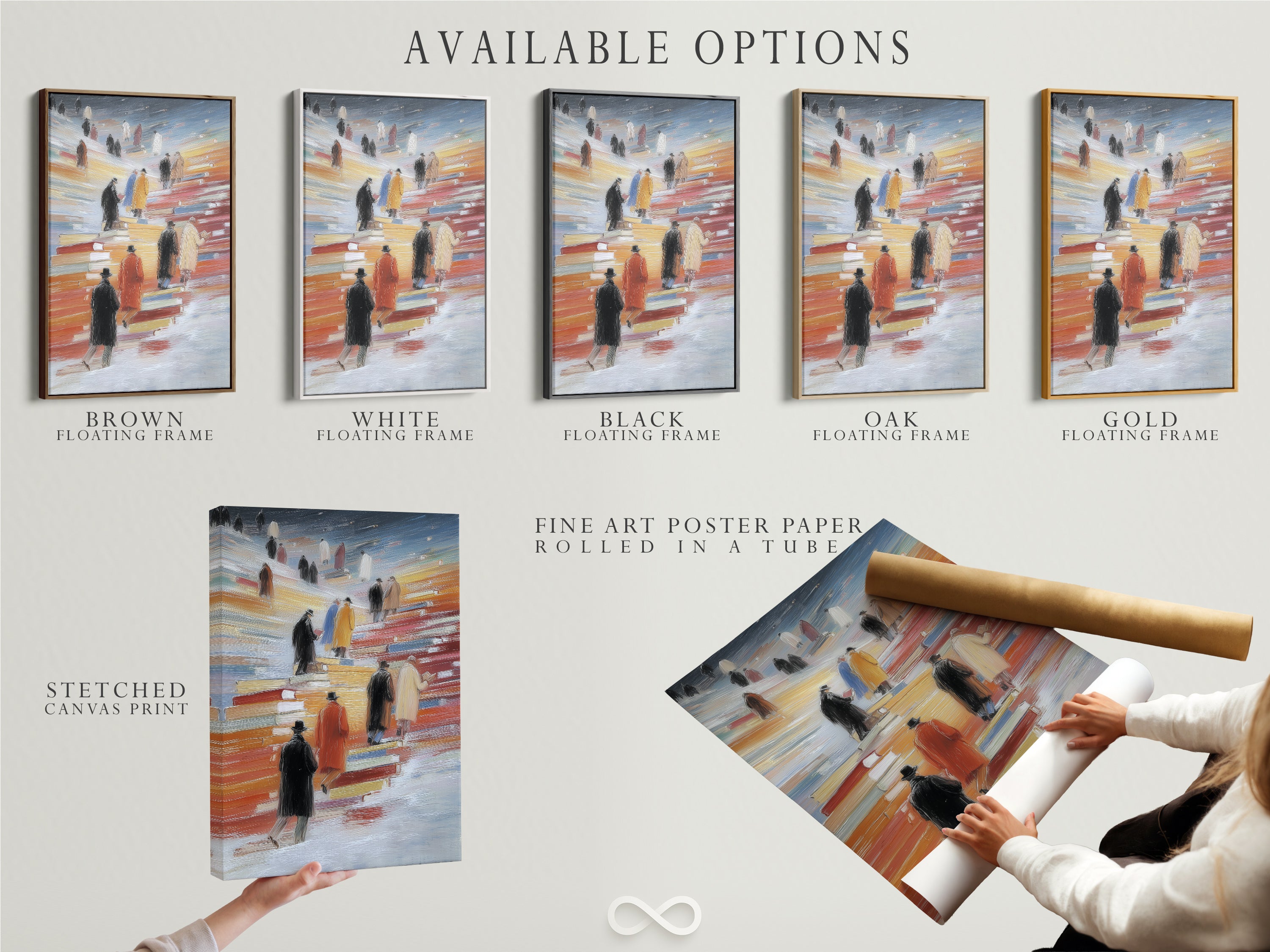 Explore the available options for the Figures on Books artwork. Choose from a stretched canvas print a fine art poster paper or a floating frame. Find the perfect style to complement your modern wall art library wall decor or study room art. Elevate your space today.