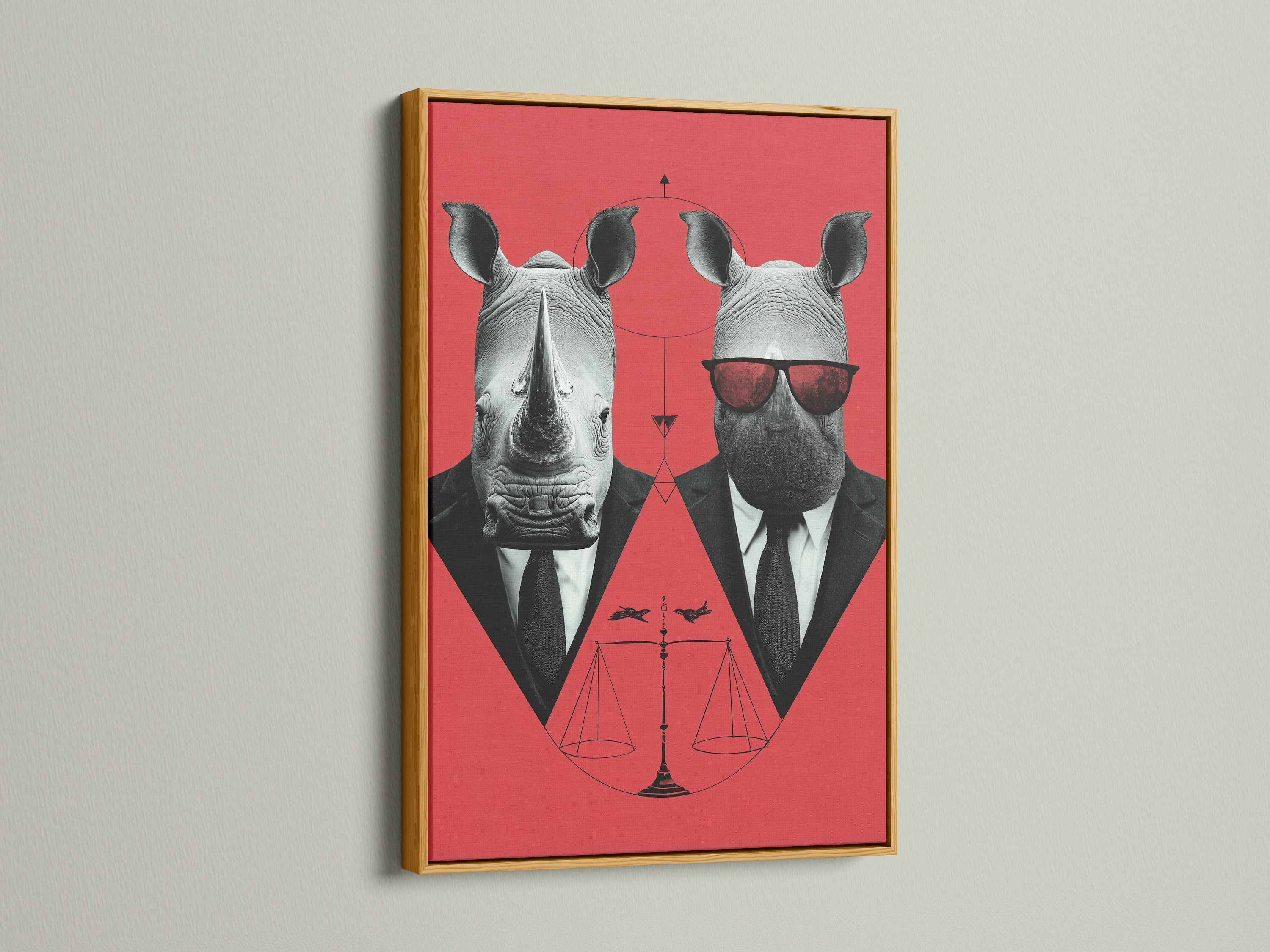 Rhino Business Suit artwork with a gold frame. This gold frame adds a touch of elegance to the funny animal art. This piece is perfect for creating a memorable atmosphere. It is ideal for modern homes boutiques or creative workspaces.