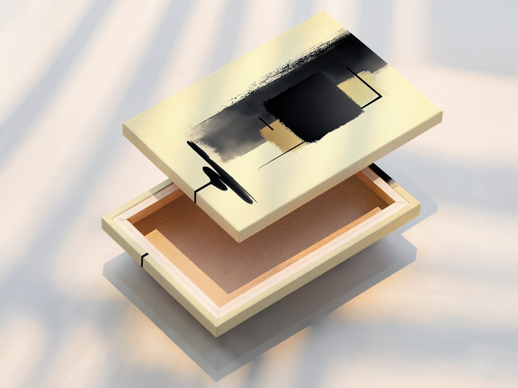 Stretched canvas print of Abstract Shapes beige and black wall art. This modern geometric artwork is ready to hang. Enhance your living room wall art or office wall decor with this piece. The stretched canvas provides a professional and polished look. Perfect for adding a contemporary touch to any space. Shop now and elevate your decor.