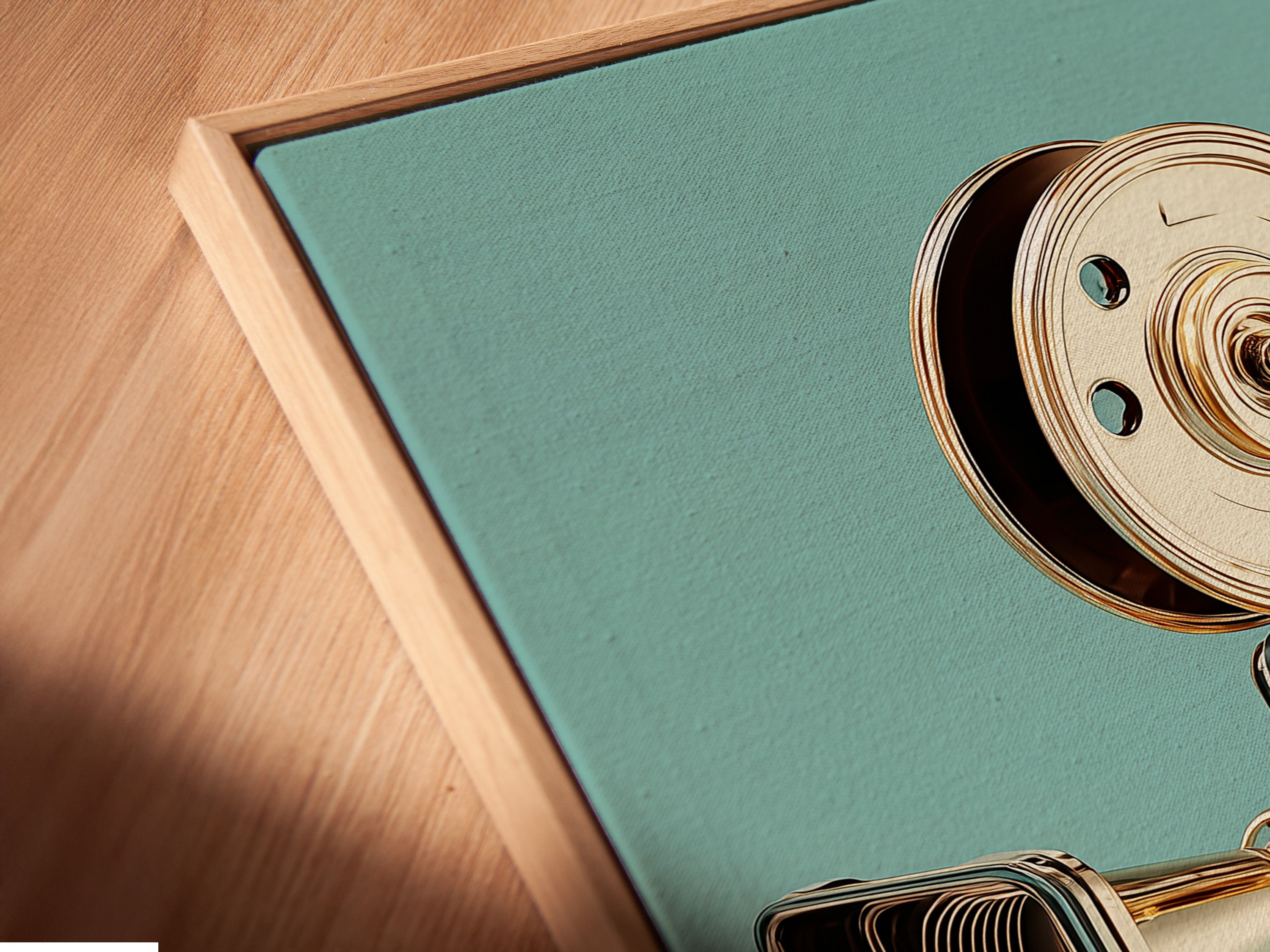 This is an angled close-up of a canvas print featuring a vintage camera in a floating frame. The floating frame gives the artwork a modern and sophisticated look. The canvas print enhances the artwork's texture and depth. This makes it a stunning addition to any art collection. The close-up view highlights the intricate details.