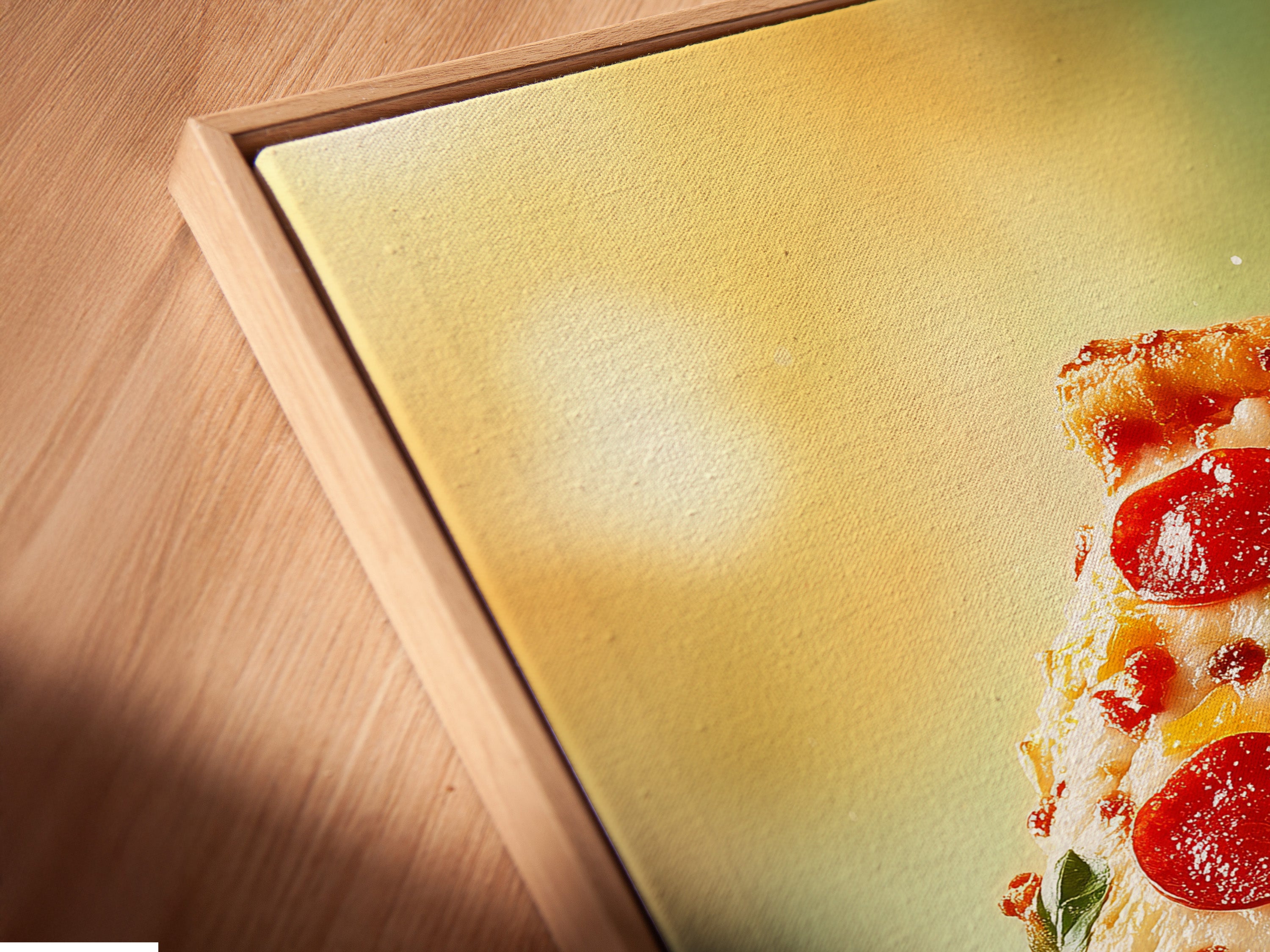A close-up angle showcases a canvas print of pizza artwork. The print is beautifully set in a floating frame. This modern framing style accentuates the vibrant colors. It makes the food photography stand out. Perfect for a contemporary kitchen or restaurant decor.
