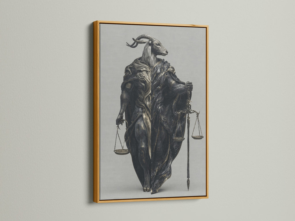 The Justice Scales Goat artwork is displayed in a gold frame. This surreal wall art brings a touch of mythology to your space. Perfect as legal office decor or for fantasy art enthusiasts. Add symbolic art to your study.