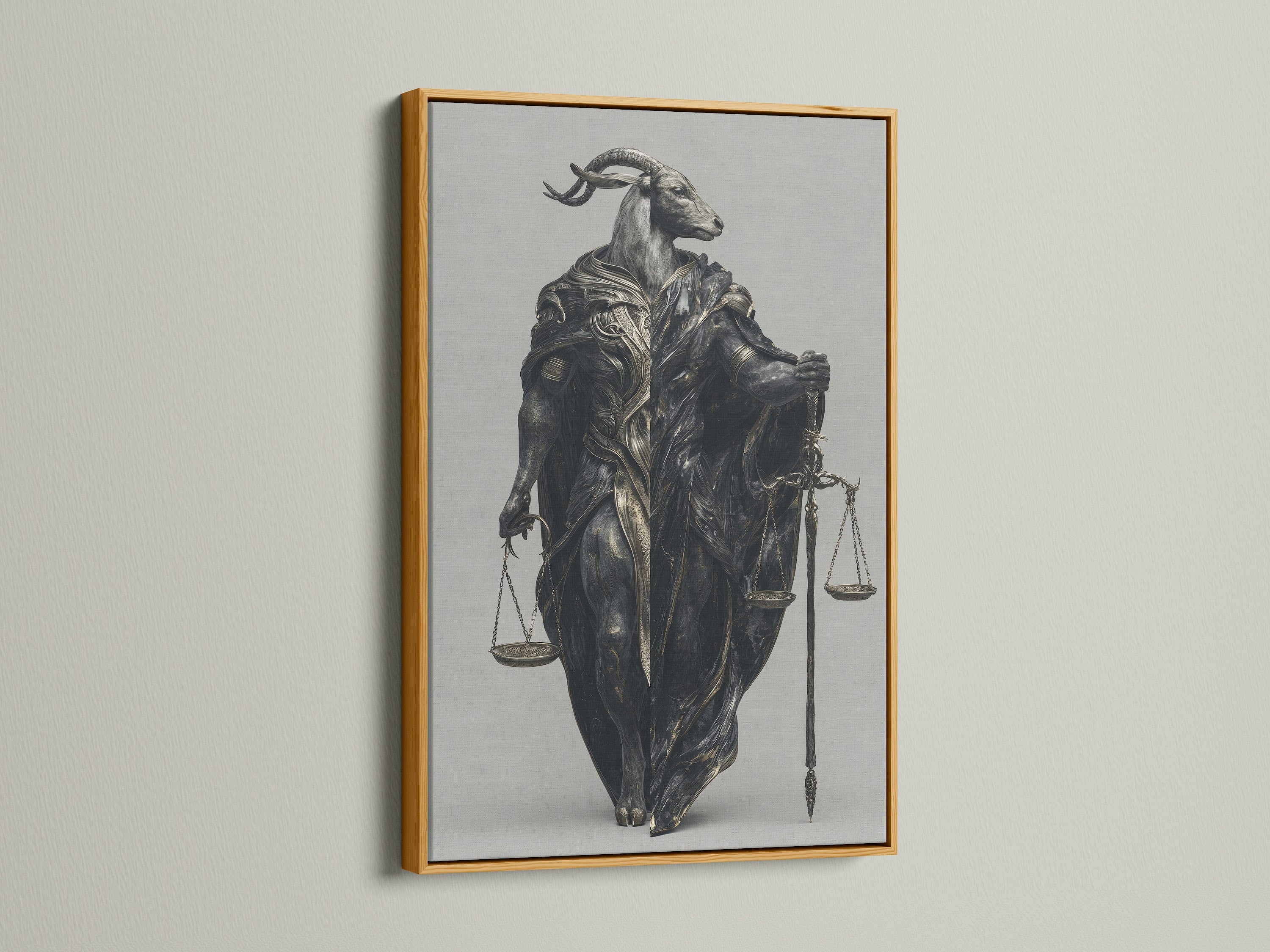 The Justice Scales Goat artwork is displayed in a gold frame. This surreal wall art brings a touch of mythology to your space. Perfect as legal office decor or for fantasy art enthusiasts. Add symbolic art to your study.