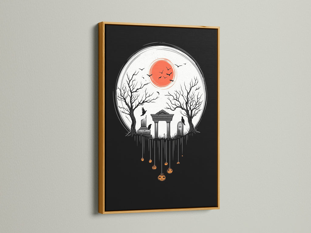 The Halloween Night canvas print is presented in a gold frame. The artwork depicts a spooky cemetery scene. This gothic wall art is great for Halloween decor. It is a unique gift for those who love Halloween.