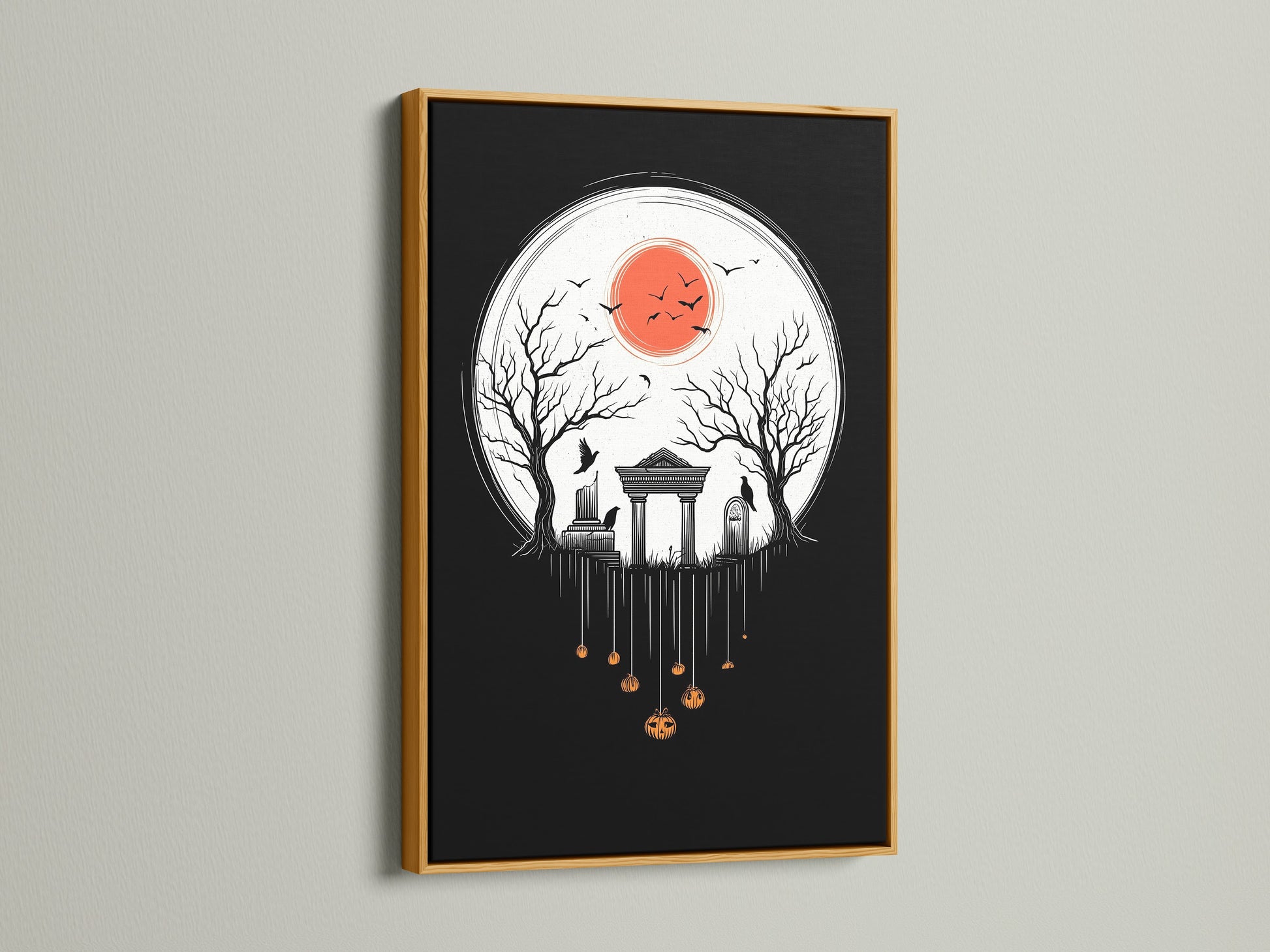 The Halloween Night canvas print is presented in a gold frame. The artwork depicts a spooky cemetery scene. This gothic wall art is great for Halloween decor. It is a unique gift for those who love Halloween.