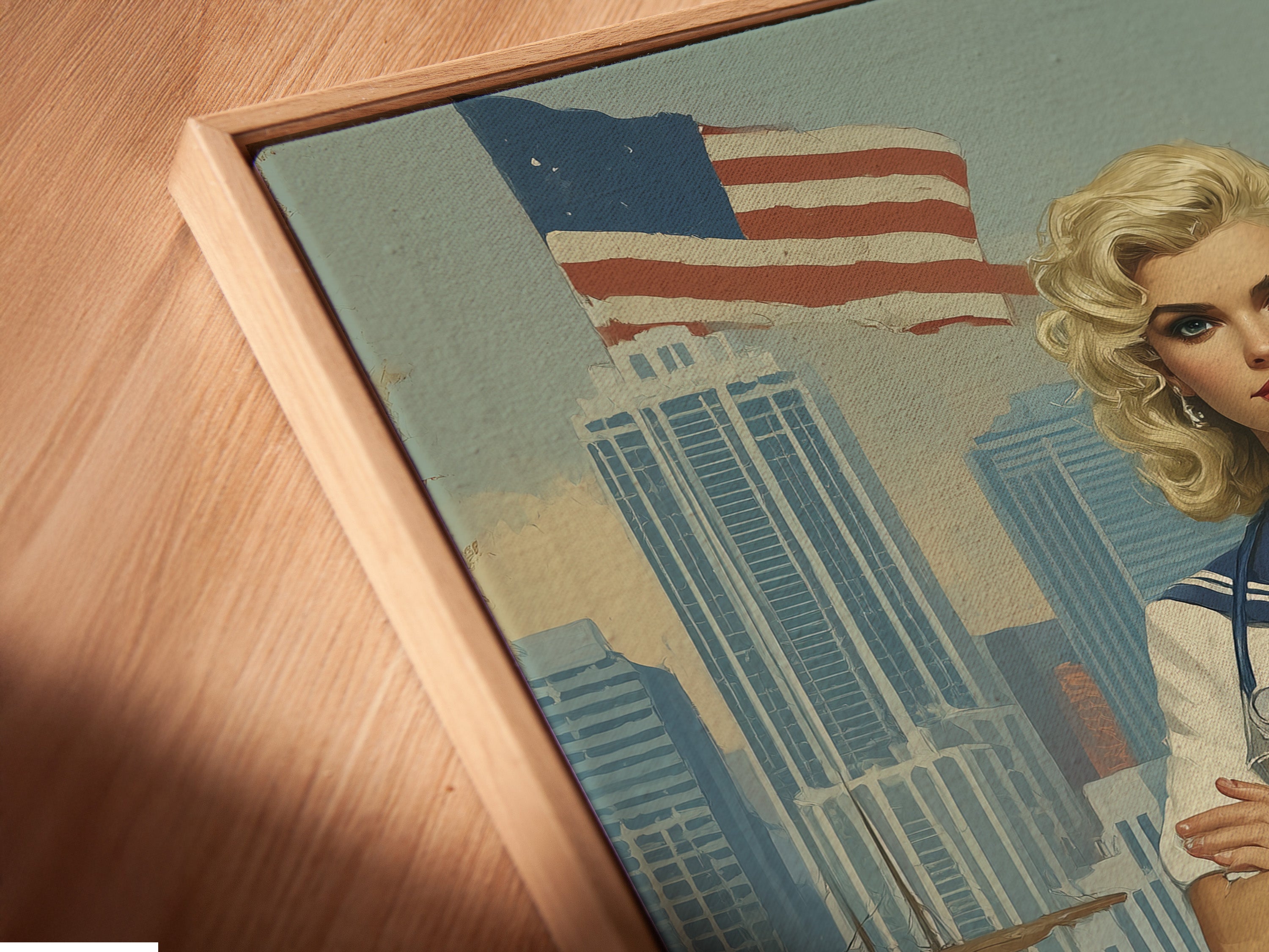 Close-up of a canvas print in a floating frame. The artwork features a vintage navy pin-up girl. Perfect for adding a touch of retro charm. Enhance your space with nautical wall art.