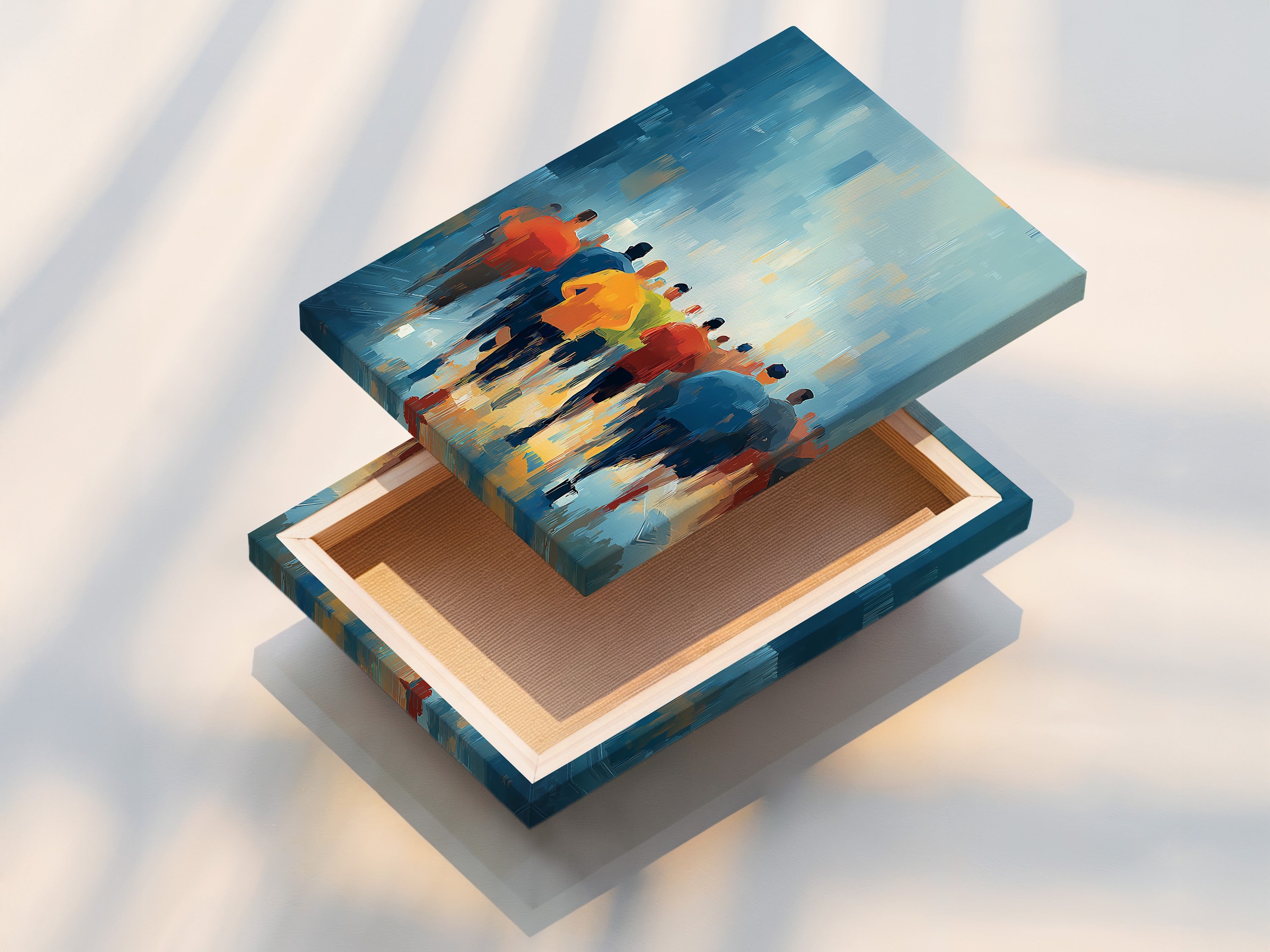 A stretched canvas print of the abstract running painting ready to hang. This option offers a gallery wrapped look. It is perfect for adding a modern touch to your living room bedroom or gym wall. Enjoy hassle free setup.