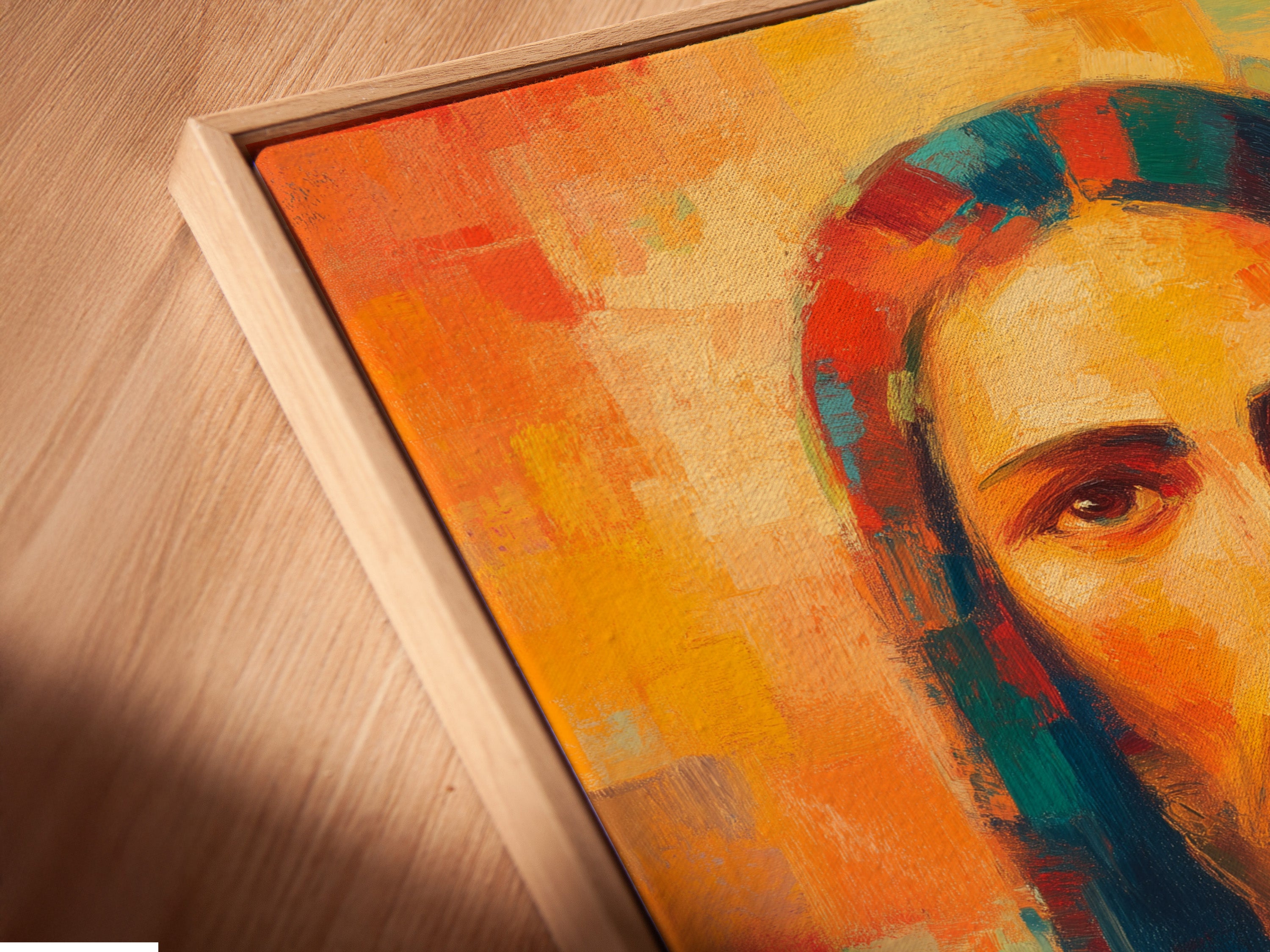 Close-up angled view of a canvas print in a floating frame. The artwork is a beautiful portrait. The floating frame gives the art a modern gallery look. This piece enhances any interior with its unique style.