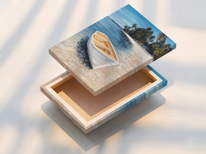 A stretched canvas print of tropical beach artwork. Featuring a white boat this coastal wall art is ready to hang. Enhance your space with this beautiful seascape painting. Perfect for beachy home decor and nautical artwork. Bring the vacation vibes home.