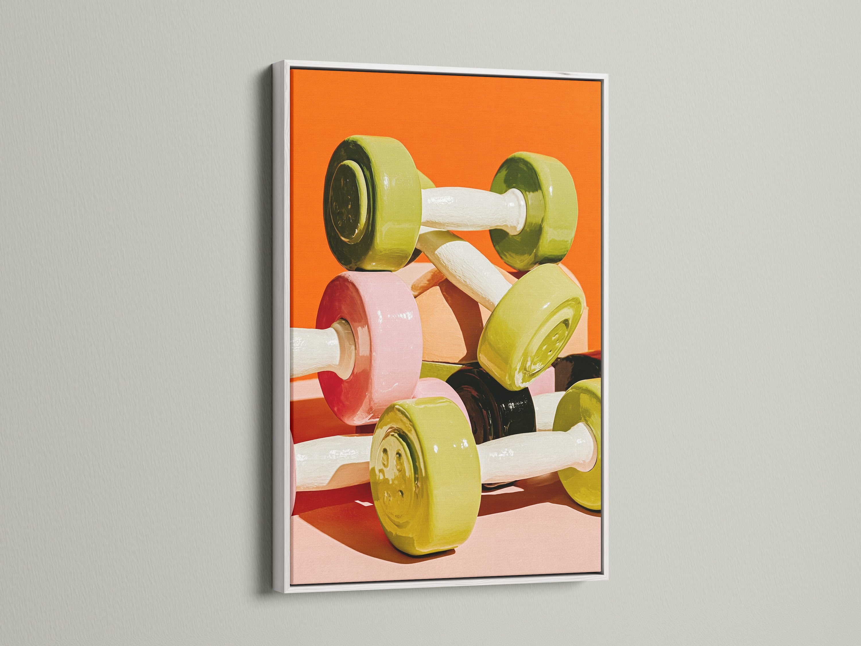 This is a dumbbell canvas print in a white frame. The white frame offers a clean modern look. This gym wall decor brightens any space. The artwork is ideal for home gyms. Also great for workout studios. It adds a touch of sport style.