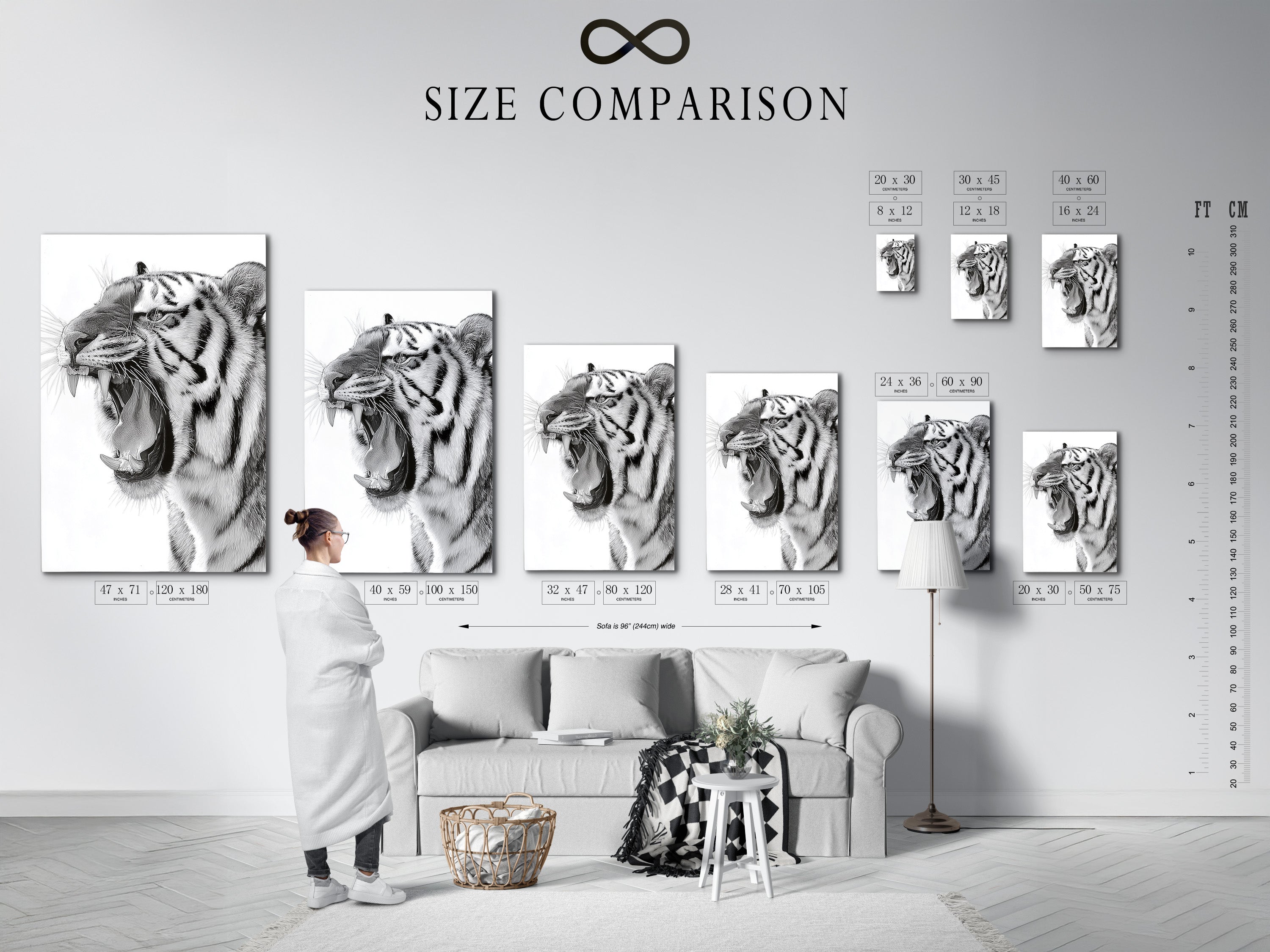 A size comparison chart is displayed in an interior setting. It helps visualize artwork dimensions in a home. Choose the perfect size to complement your wall space. From small prints to large statement pieces. We have options to suit every room.