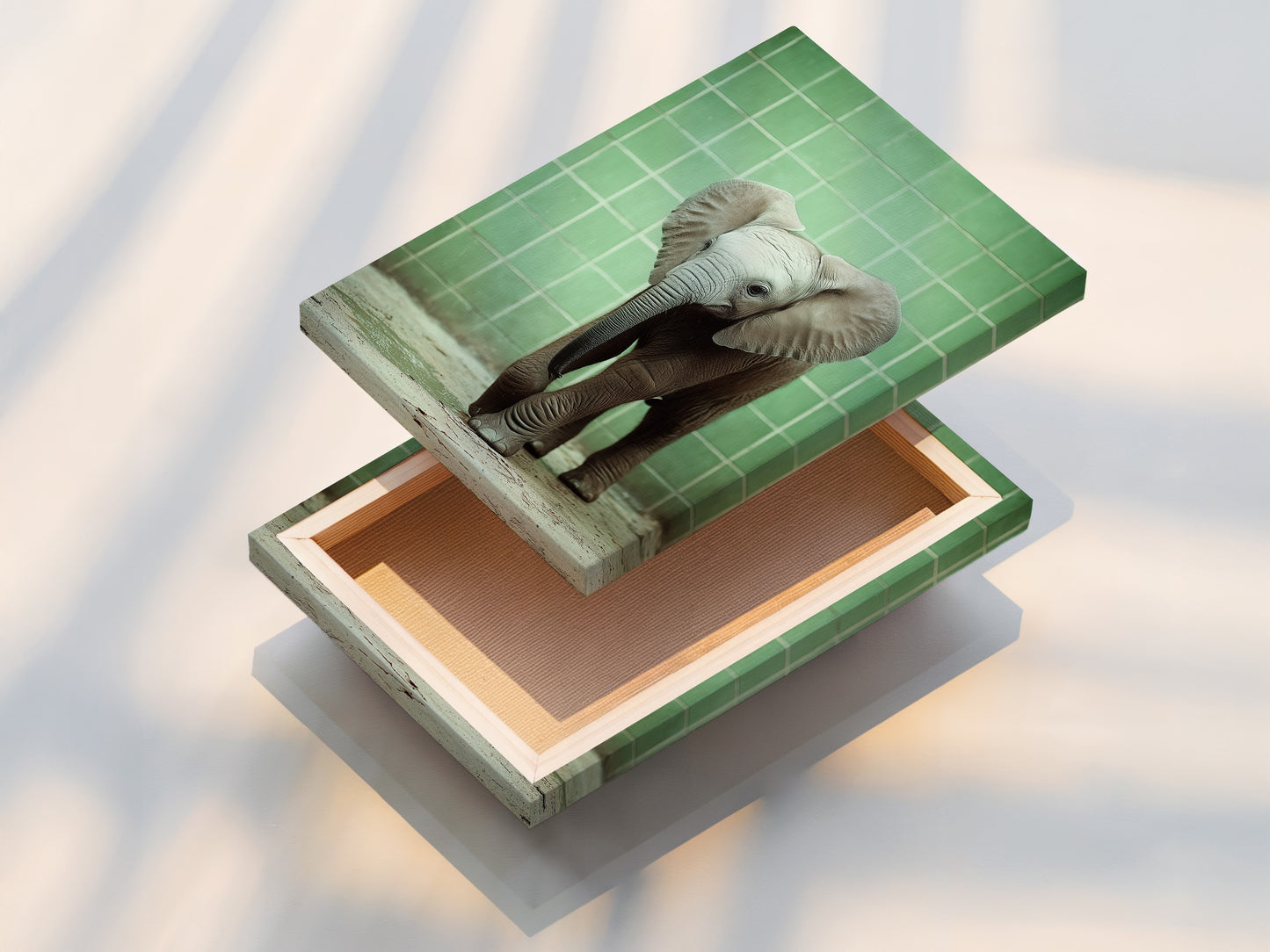 A stretched canvas print of the Baby Elephant artwork. Our stretched canvases are ready to hang and enjoy. This artwork is perfect for kids room decor. Add a touch of wildlife art to your home with this cute animal print.