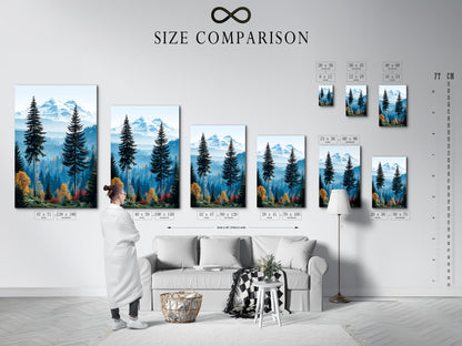 A size comparison chart in an interior setting. Showcasing Mountain Forest artwork in different sizes. Find the perfect fit for your space. Choose the right size for your nature print. Enhance your wall decoration.