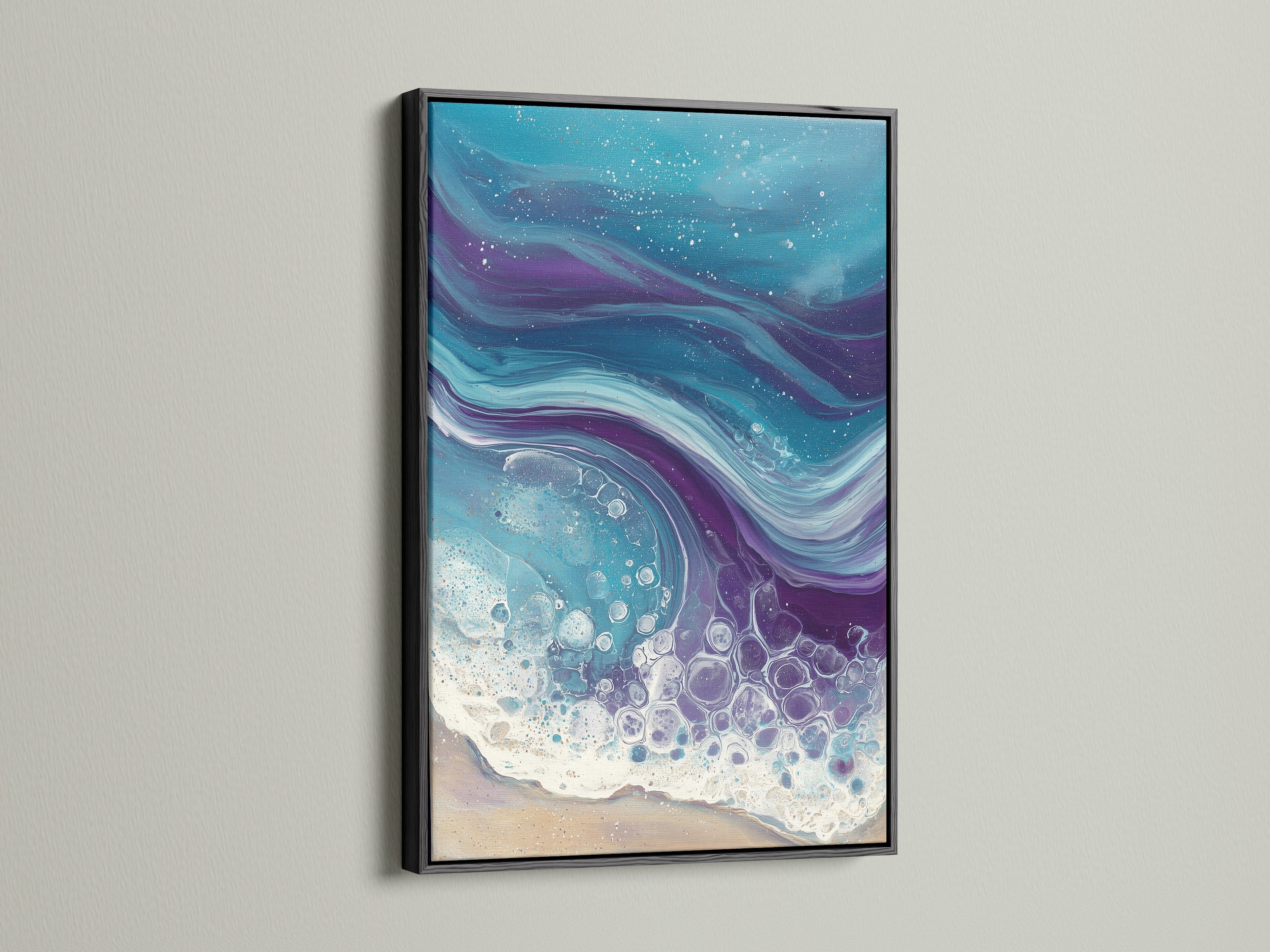 Ocean Wave Abstract artwork with a black frame. Check out the teal and purple fluid art. A coastal wall art option for bedroom decor. This is modern beach artwork.