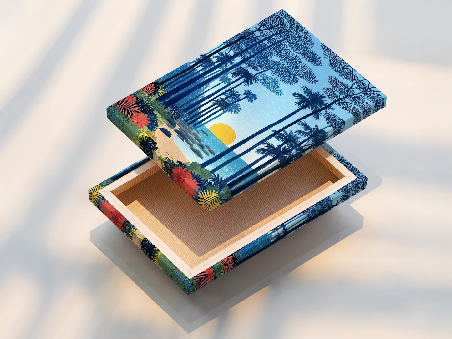 A stretched canvas print of a tropical beach artwork. This coastal seascape wall art brings the beauty of the ocean to your walls. The indigo blue sunset and palm tree art create a relaxing atmosphere. Perfect for living rooms bedrooms and vacation homes. Elevate your home decor with this stunning piece.