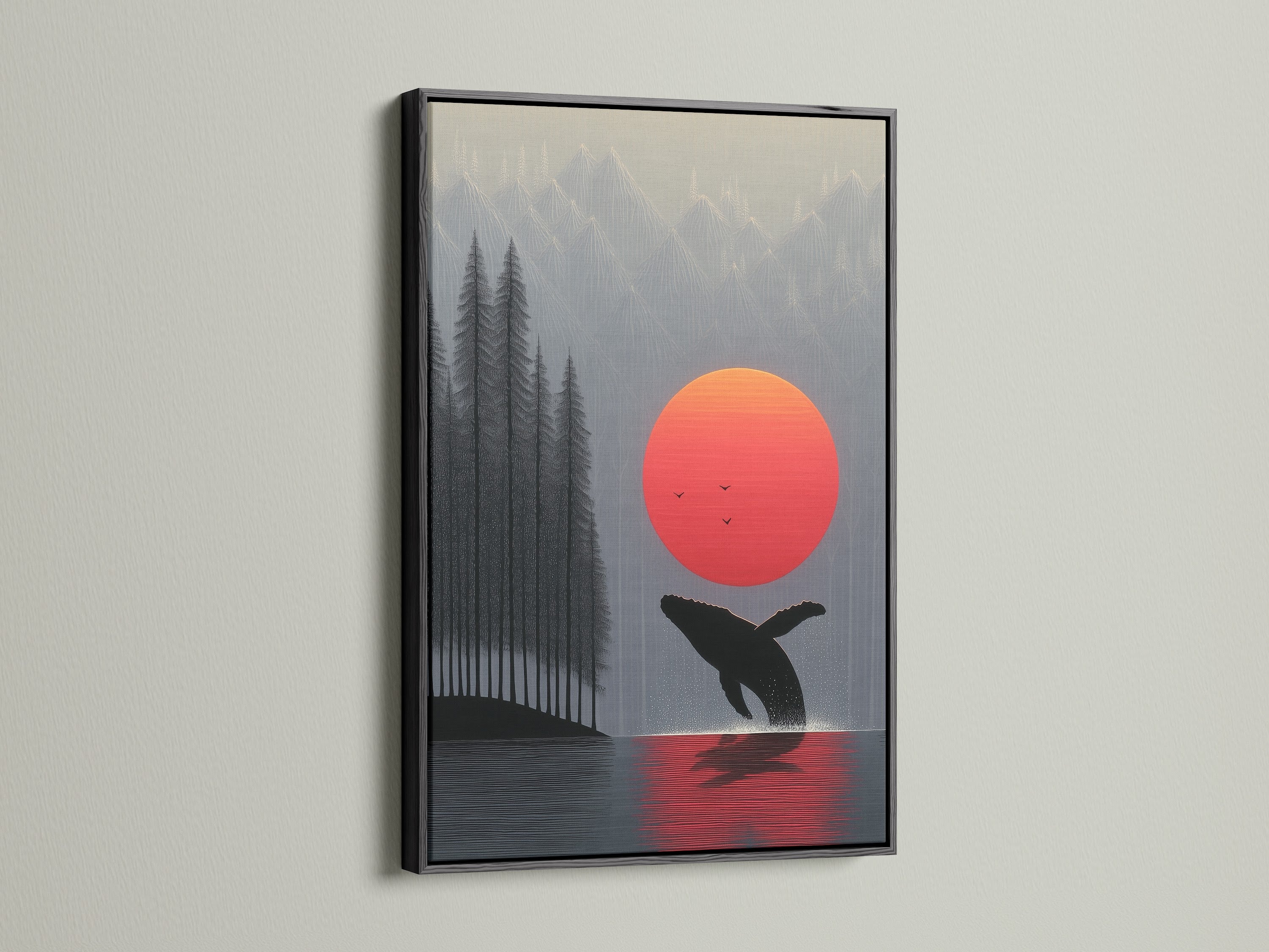 Whale Sunset artwork with a black frame. This nature artwork is perfect for homeowners and renters. Coastal wall art enhances modern spaces. The whale decor is ideal for cabins and lake houses. Find your perfect art piece today.