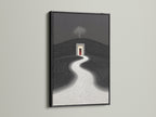 See a striking black frame enhancing minimalist artwork. This surreal path art print adds elegance. It's great for modern black and white geometric decor. The canvas wall art complements any room. Discover abstract landscape art.