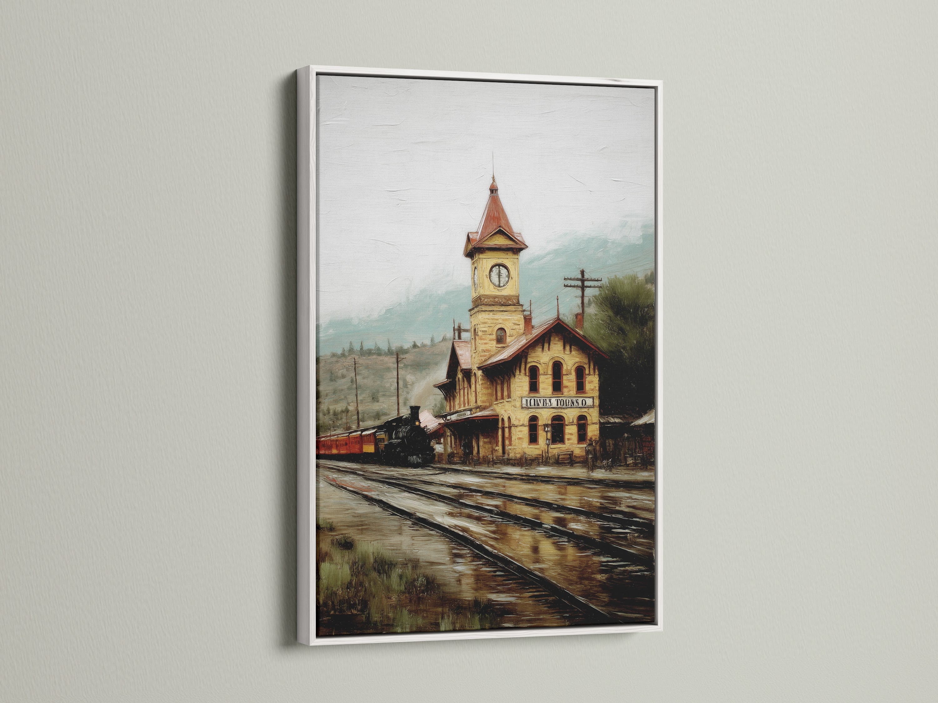 Vintage train station artwork with a white frame. This antique architecture poster adds a clean look to any office or home. The white frame enhances the sepia tones. Explore our framed art options to enhance your space with timeless railway wall art. Perfect for history enthusiasts and vintage decor lovers.