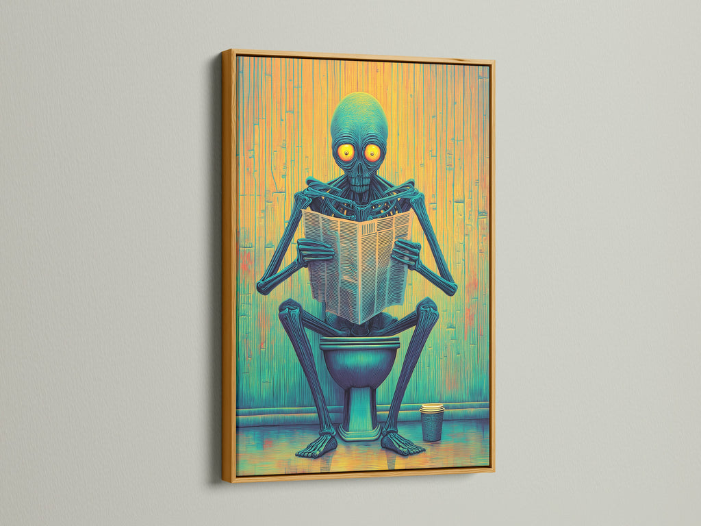 An Alien on Toilet canvas print is framed in gold. This restroom art piece is perfect for business owners. The blue and yellow hues are vibrant. It is a great addition to clinics and cafés. This novelty poster adds a touch of modern art. It enhances any space.