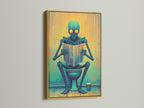 An Alien on Toilet canvas print is framed in gold. This restroom art piece is perfect for business owners. The blue and yellow hues are vibrant. It is a great addition to clinics and cafés. This novelty poster adds a touch of modern art. It enhances any space.