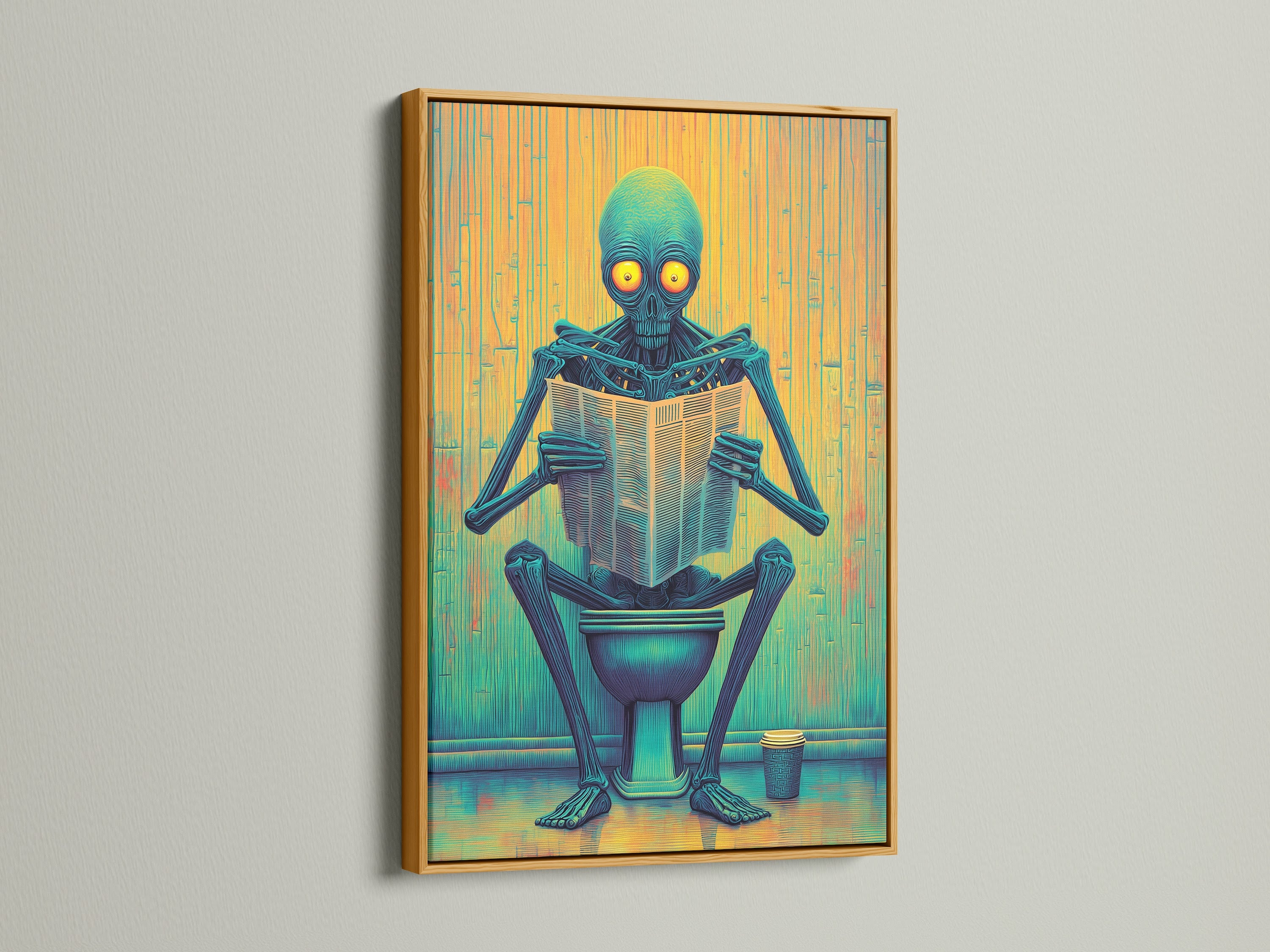 An Alien on Toilet canvas print is framed in gold. This restroom art piece is perfect for business owners. The blue and yellow hues are vibrant. It is a great addition to clinics and cafés. This novelty poster adds a touch of modern art. It enhances any space.