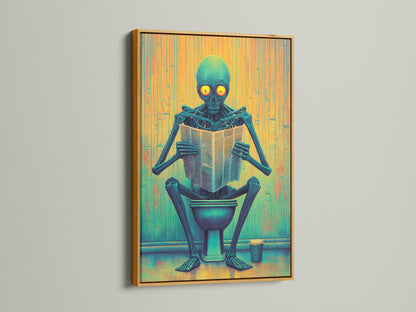 An Alien on Toilet canvas print is framed in gold. This restroom art piece is perfect for business owners. The blue and yellow hues are vibrant. It is a great addition to clinics and cafés. This novelty poster adds a touch of modern art. It enhances any space.