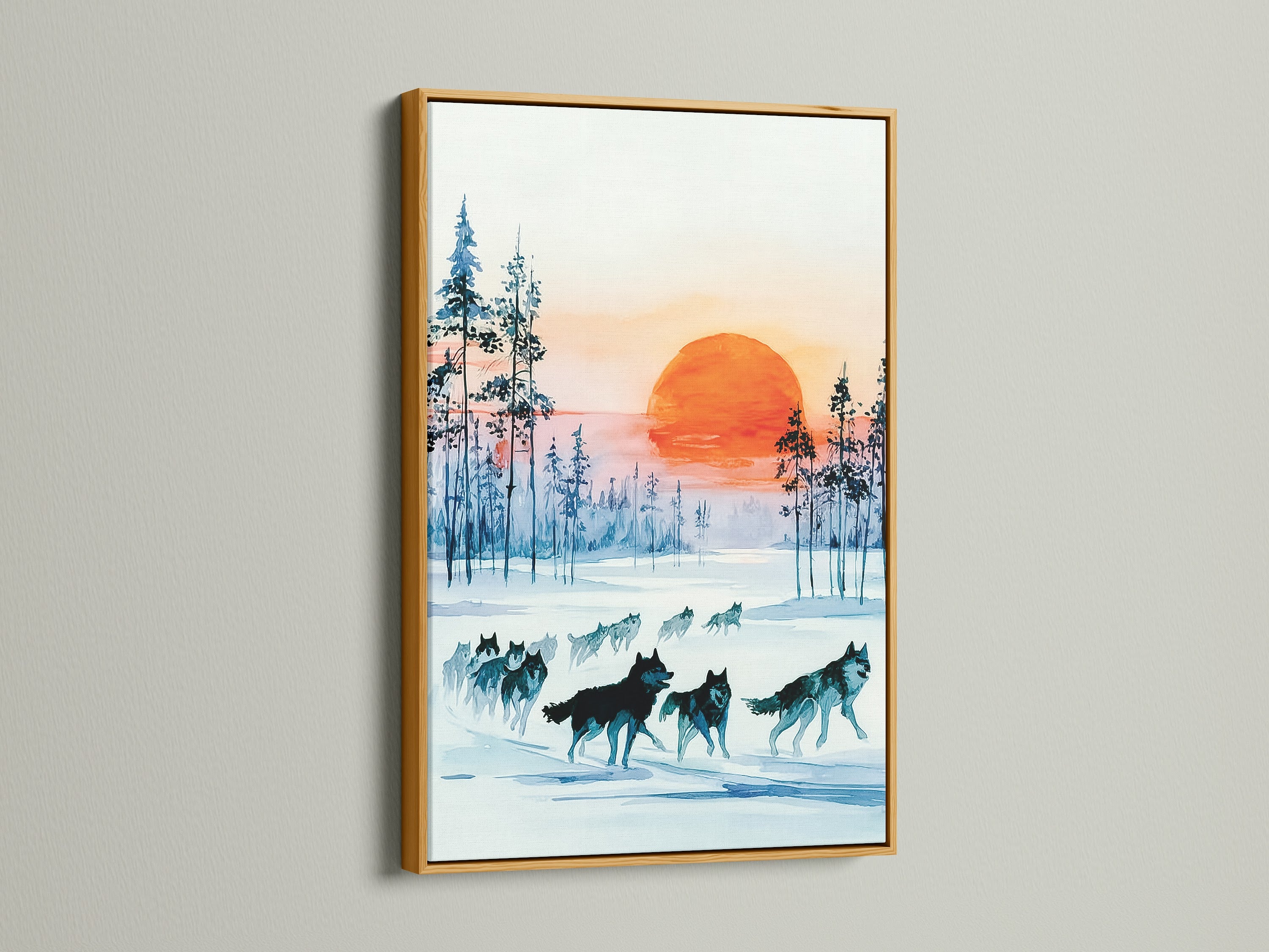 The gold frame accentuates the wolf pack art. This winter canvas showcases a teal blue landscape. The pine trees and wilderness art elements create a cabin-like atmosphere. Ideal for modern decor.