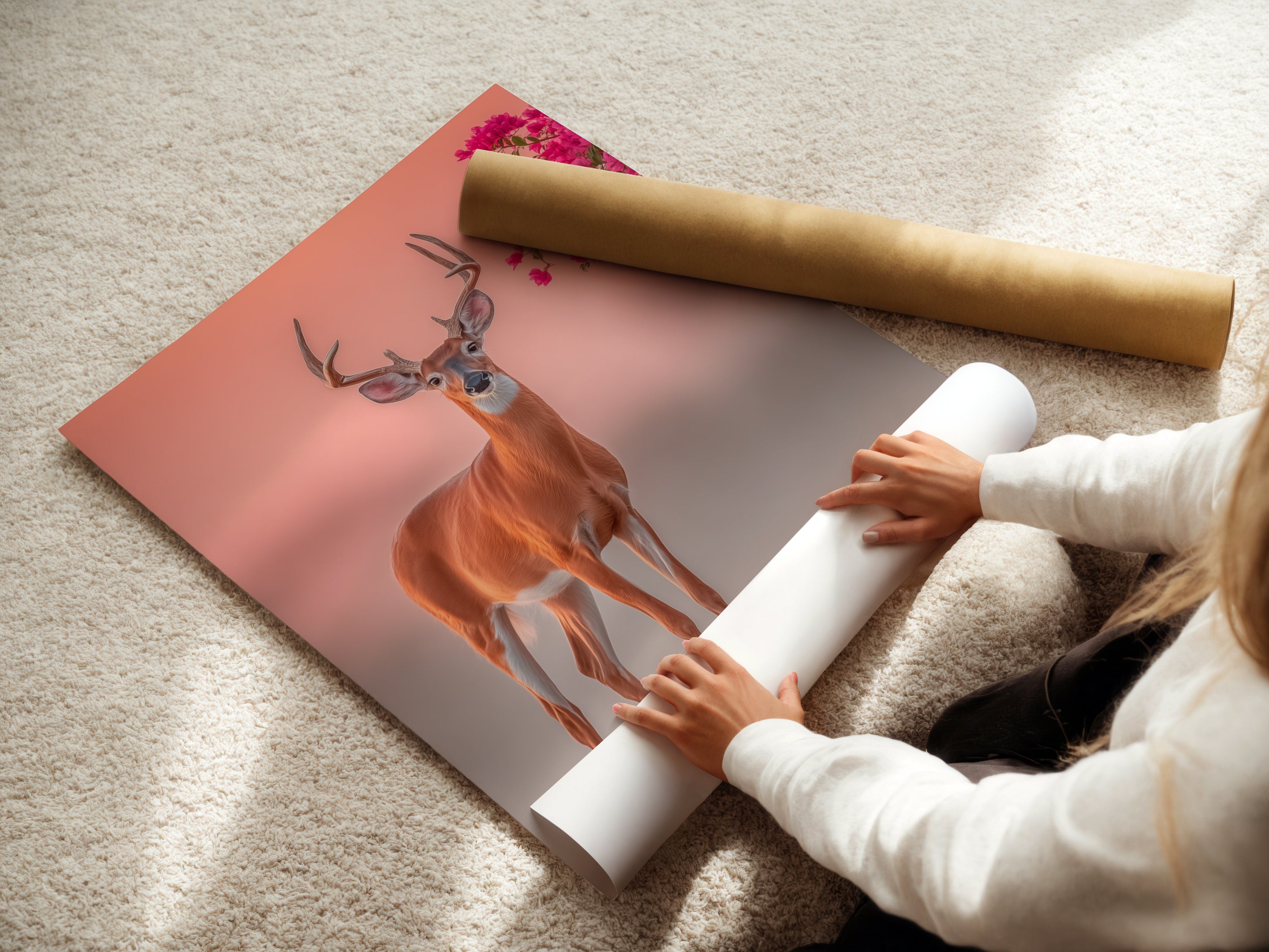 Woman carefully rolls a fine art poster paper. The deer artwork is printed on high-quality material. Wildlife canvas art is prepared for shipping. Pink floral antlers are vibrant and detailed. Nature photography print is handled with care. Each poster is a work of art.