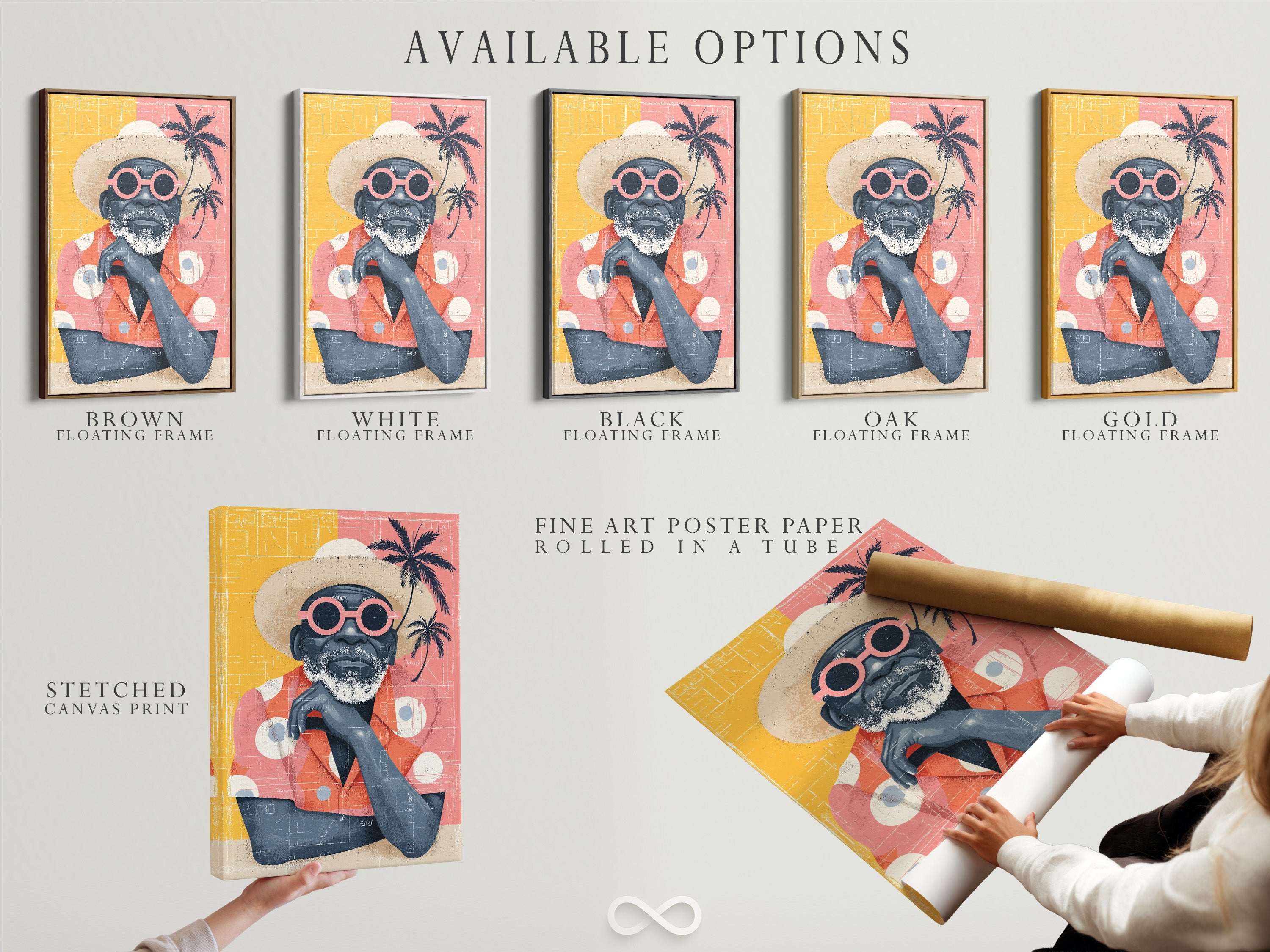 Available options for the retro beach man artwork. Choose from a stretched canvas print fine art poster paper or floating frame. This tropical wall art is customizable to your preferences. Add a touch of vintage summer to your home or office. Perfect for coastal and eclectic interiors.