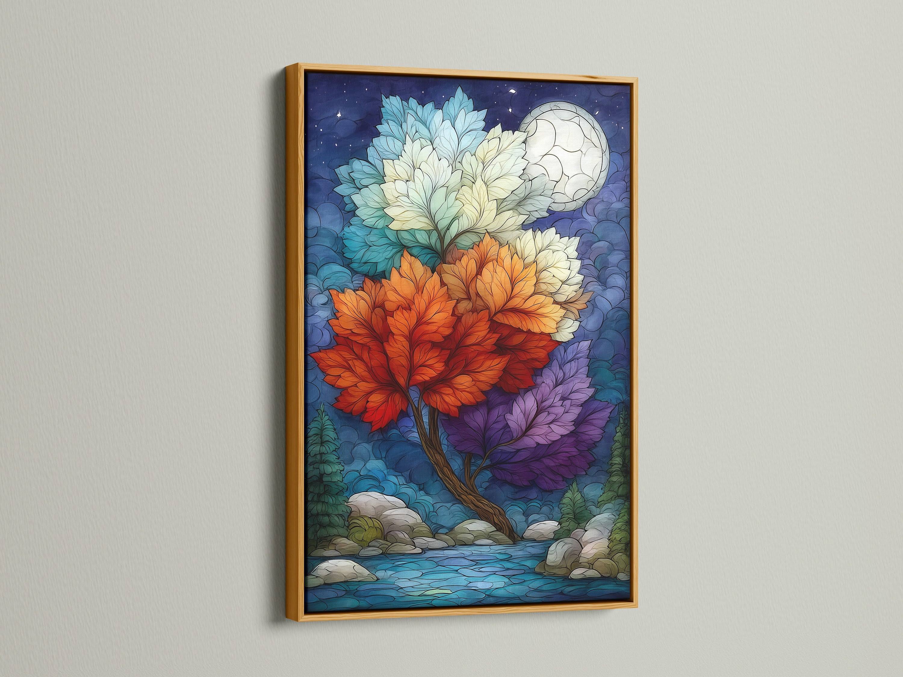A luxurious magical tree artwork is showcased in a gold frame. The artwork depicts a colorful nature scene with a fantasy moon. This fantasy decor brings an elegant touch to any room. Ideal for living rooms bedrooms offices studios lobbies clinics and cafés.