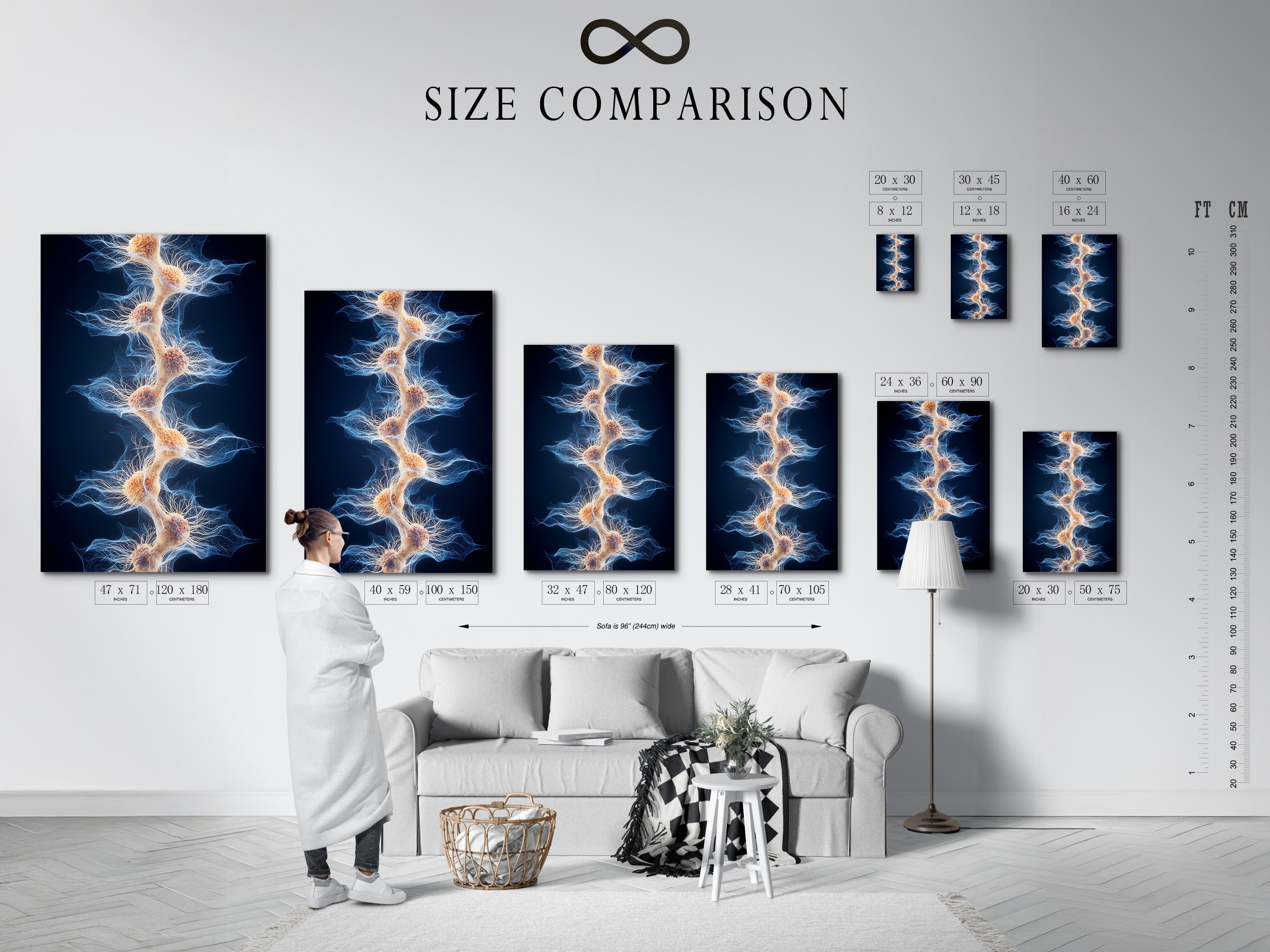 A size comparison chart is displayed in an interior setting. The chart shows the different sizes of artwork available. It helps you visualize the artwork in your space. Find the perfect size for your home or office. Order your art today.