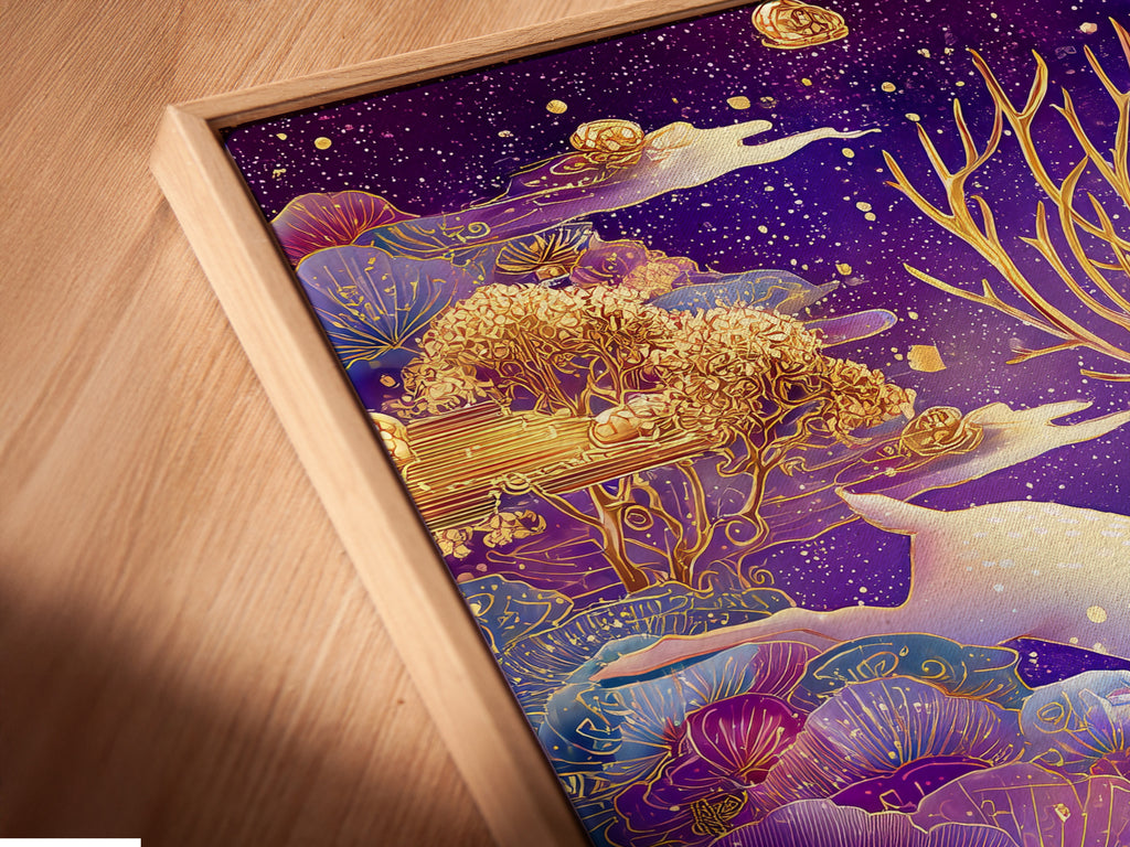A close-up of the Mystical Deer canvas print in a floating frame. The floating frame gives the artwork a modern look. It enhances the depth of the image. Perfect for adding a unique touch. Transform your space with this piece.