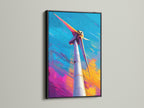 A bold wind turbine artwork is elegantly framed in a sleek black frame. The black frame adds a touch of sophistication to the art print. It's displayed against a minimalist white wall. Transform your space with framed artwork.
