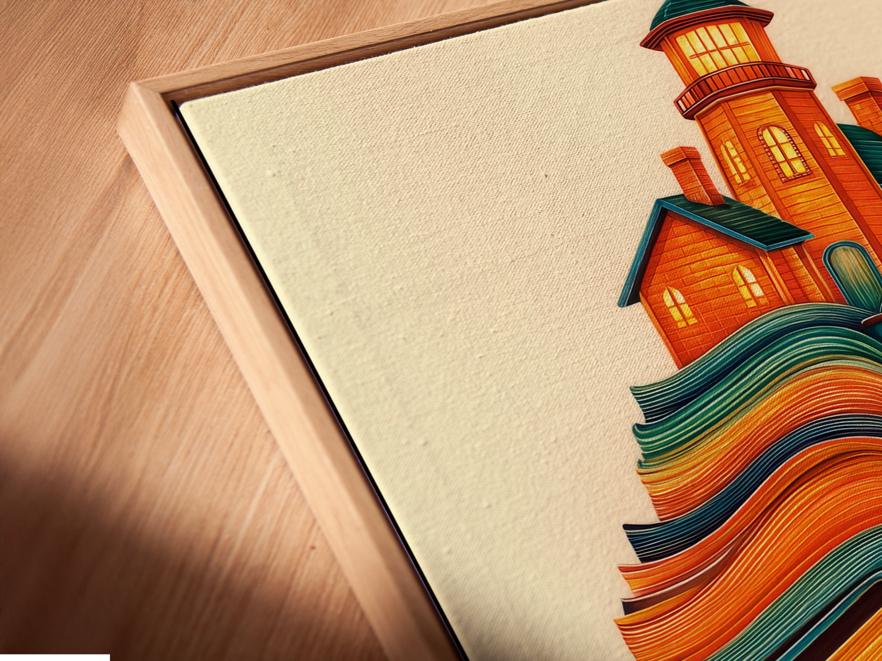 A close-up of the Lighthouse on Books canvas print. It's displayed in a floating frame. The floating frame gives a modern touch. Ideal for book lovers and nautical art enthusiasts. It's a unique piece.