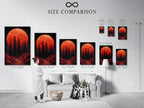 A size comparison chart is displayed in an interior setting. Showcasing various sizes of forest canvas prints. This chart helps visualize the ideal dimensions for your space. Choose the perfect size for your sunset wall art or moody landscape decor.